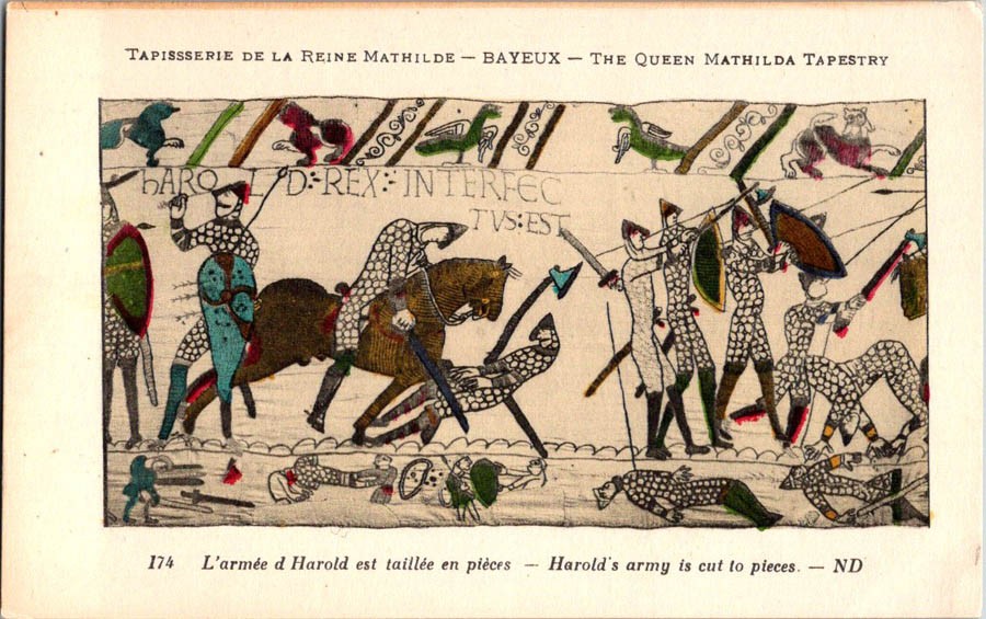 Bayeux France postcard THE QUEEN MATHILDA TAPESTRY HAROLD’S ARMY CUT j/13 AY9208