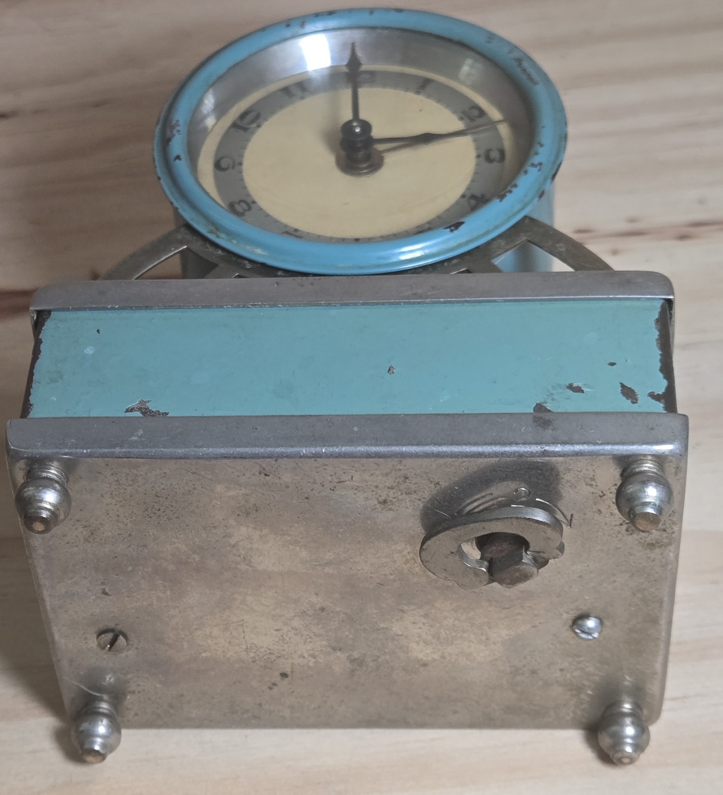 Vintage Mauthe Germany Wind Up Alarm Clock Blue Metal Art Deco Style Parts