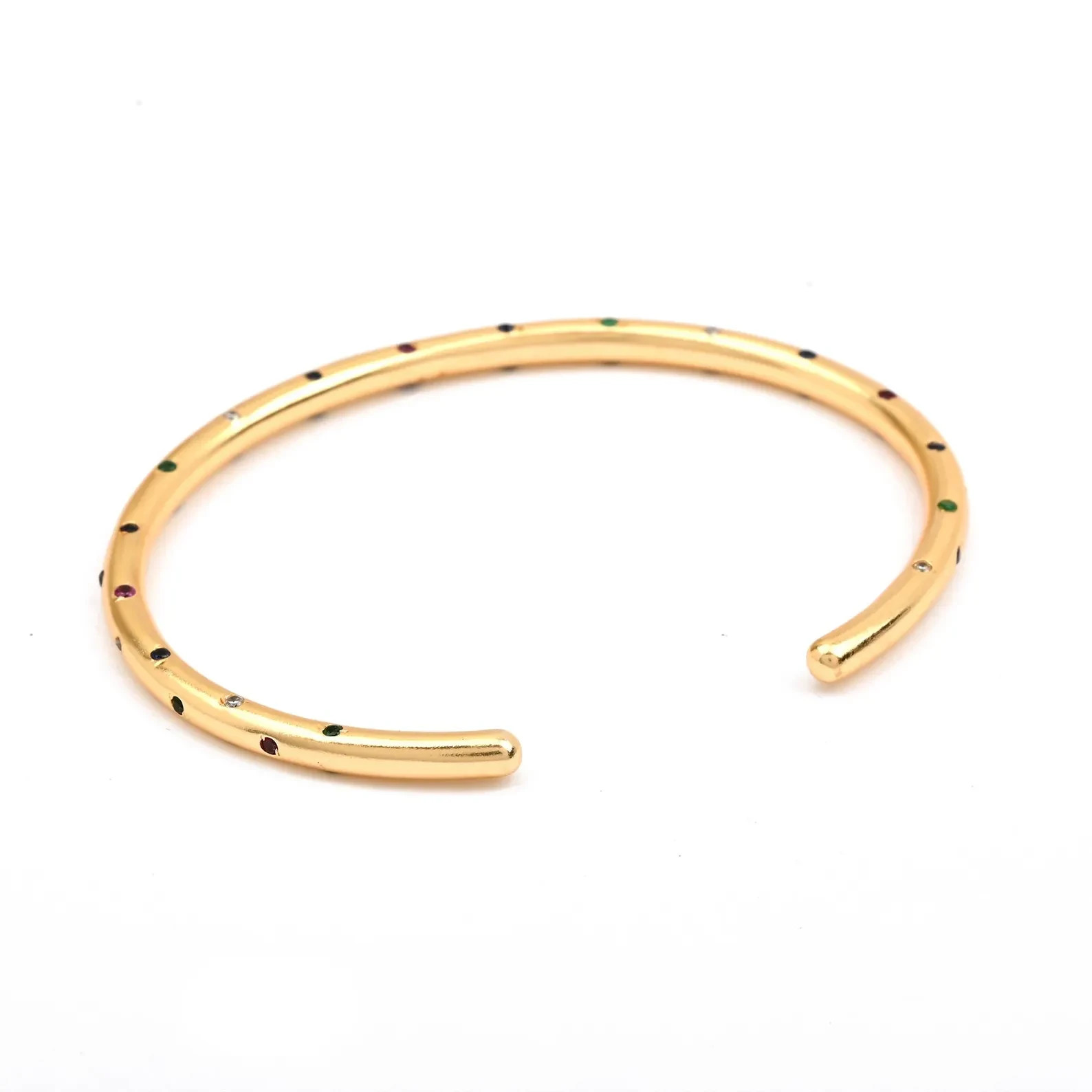Multi-Gemstone Open Cuff Design Bangle Bracelet in 18K Yellow Gold Over 7.5″ Her