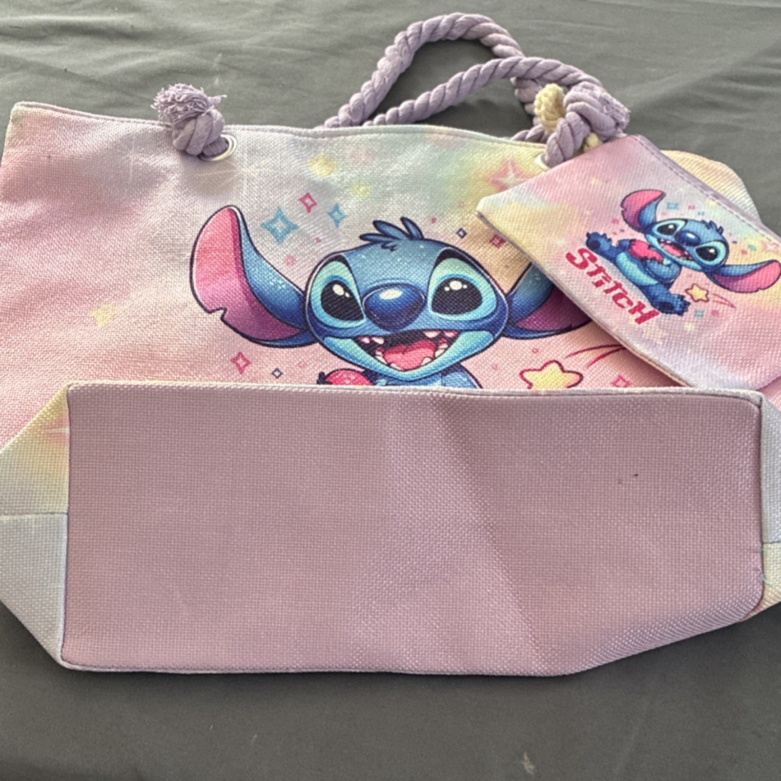 Disney Lilo & Stitch Large Pink Tote Bag with Rope Handles, Blue Yellow Accents