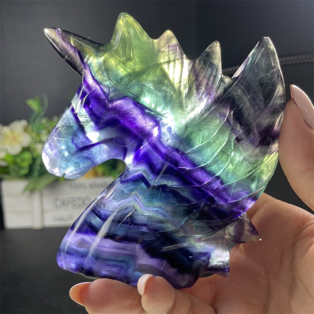 0.9LB 4.3″ Natural Rainbow Fluorite Unicorn Carving Decor Crystal Quartz Mineral