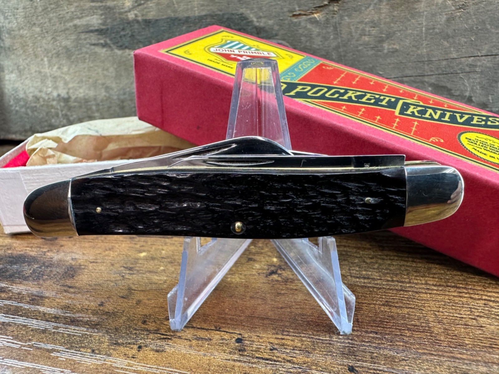 John Primble knife Dark Brown Bone Stockman 1987 India Steel Works