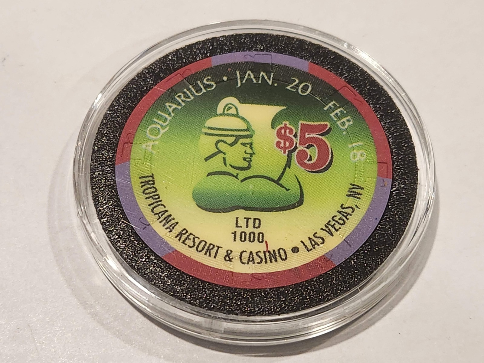 AQUARIUS ZODIAC – TROPICANA – $5 Casino Poker Chip – Jan 20-Feb 18 – Obsolete!