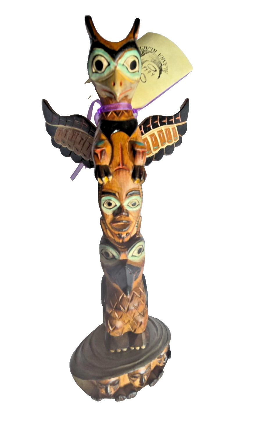 Hand Carved Alaska Black Diamond Totem Pole Signed Pat Moore 9″ Yellow Cedar Tag