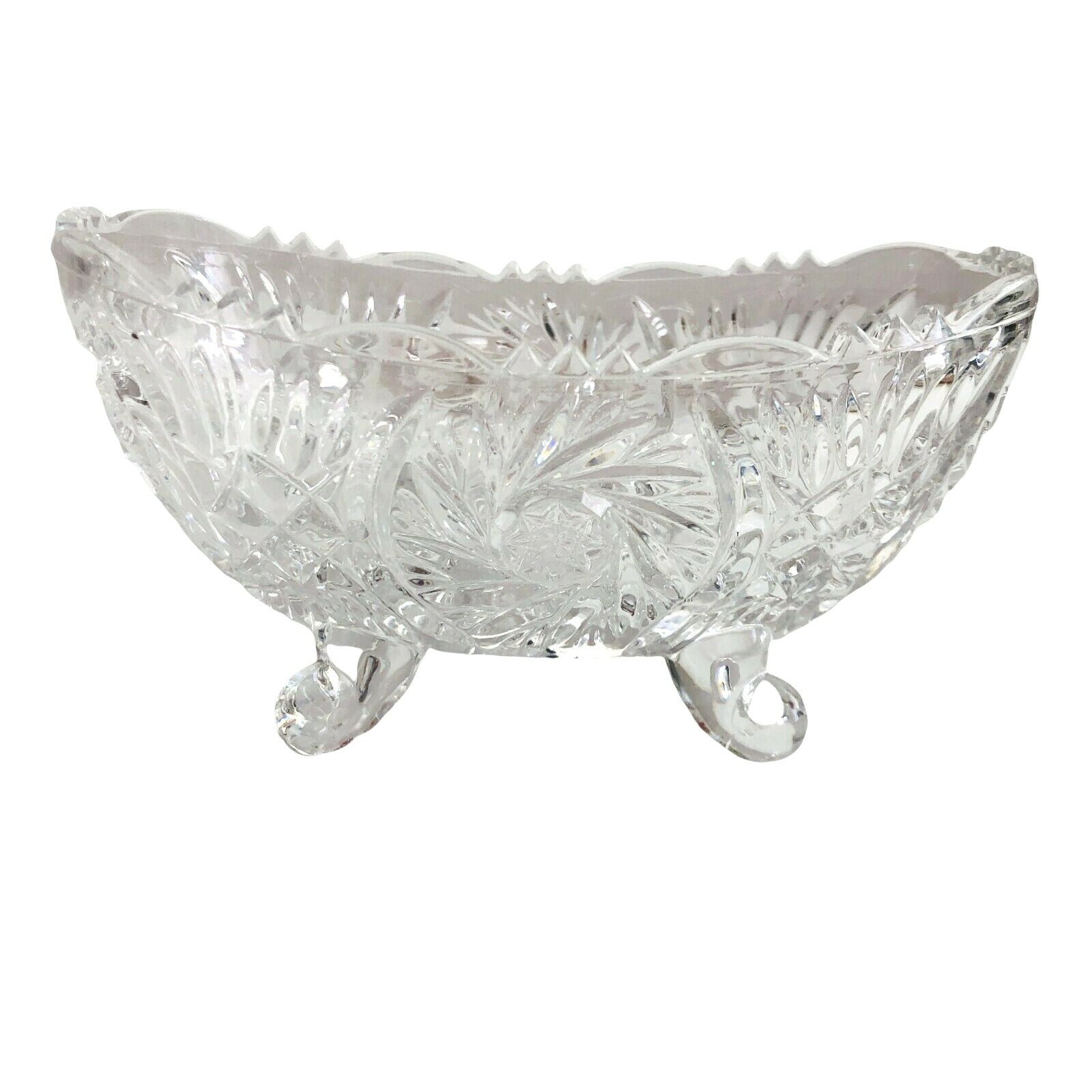 Vintage American Brilliant Cut Glass Oval Footed Boat Dish Clear 6×3.5×3