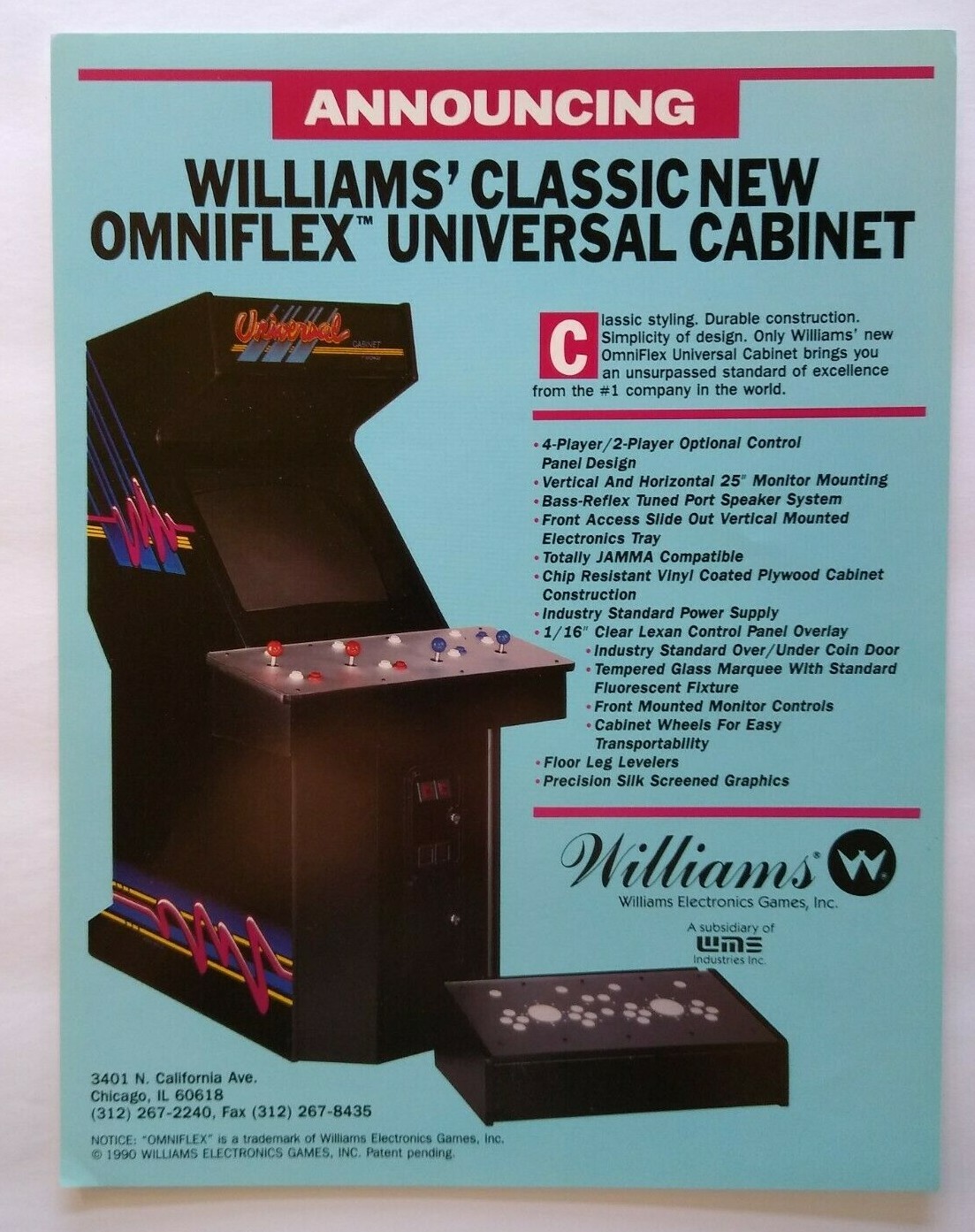 Omniflex Arcade FLYER Original Video Game Cabinet 1990 Vintage Promo Art
