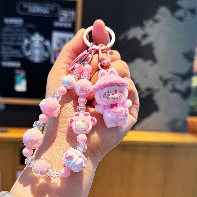 Cute Figure Doll Keychain with String of Beads Stand with Hat Bag Pendant Gifts