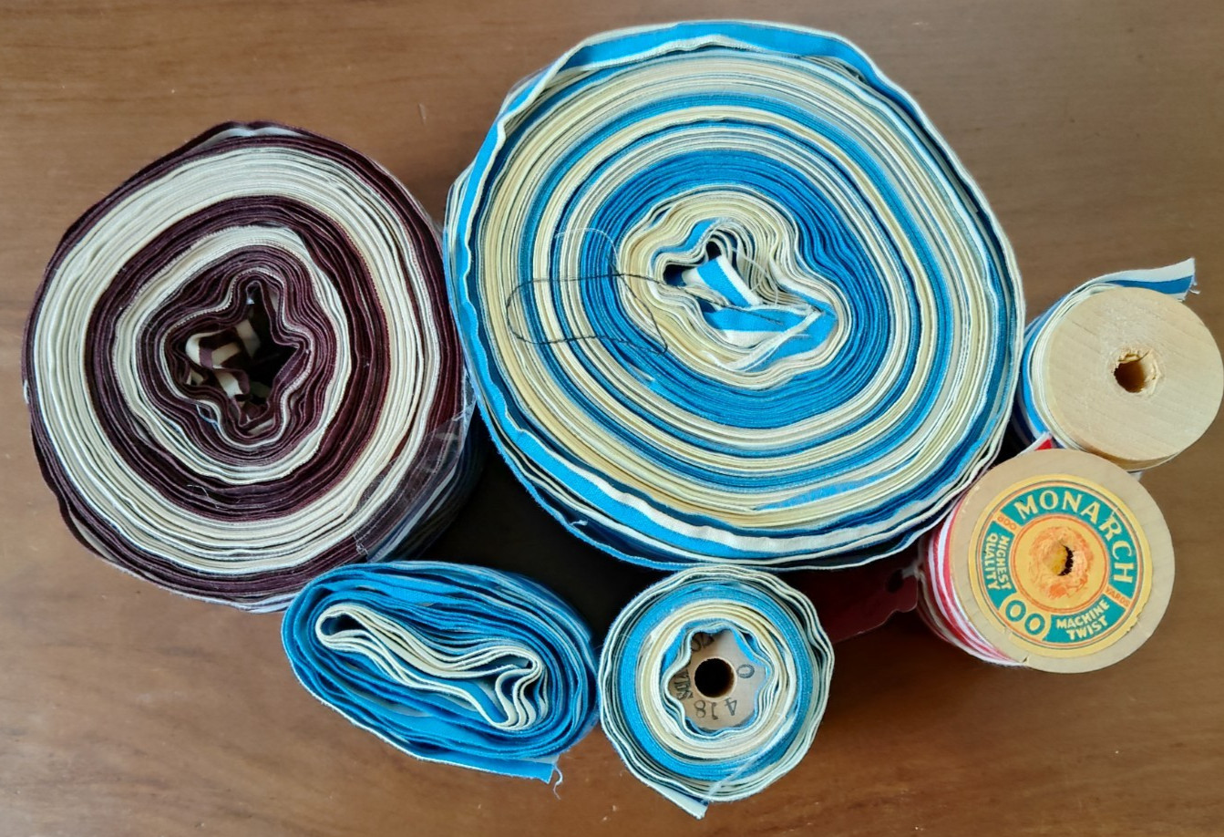 Lot of 6 rolls of vintage binding type ribbon yardage unknown blue, red, dk