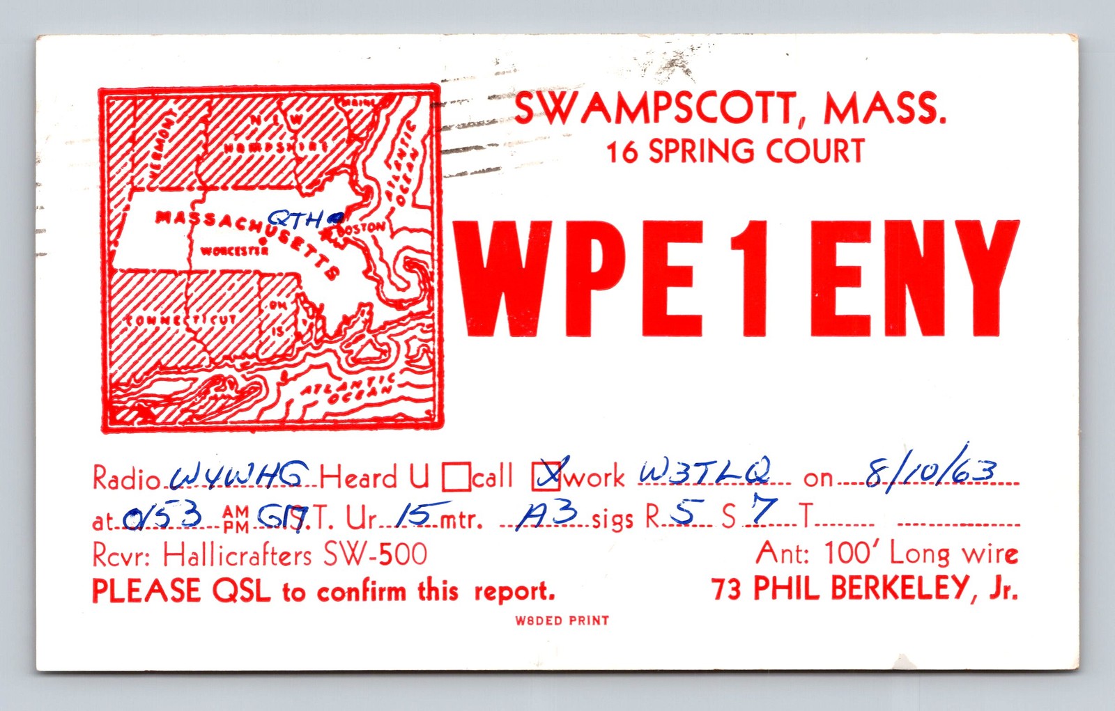 Ham Radio QSL WPE1ENY Swampscott MA USA 1963 Hallicrafters SW-500