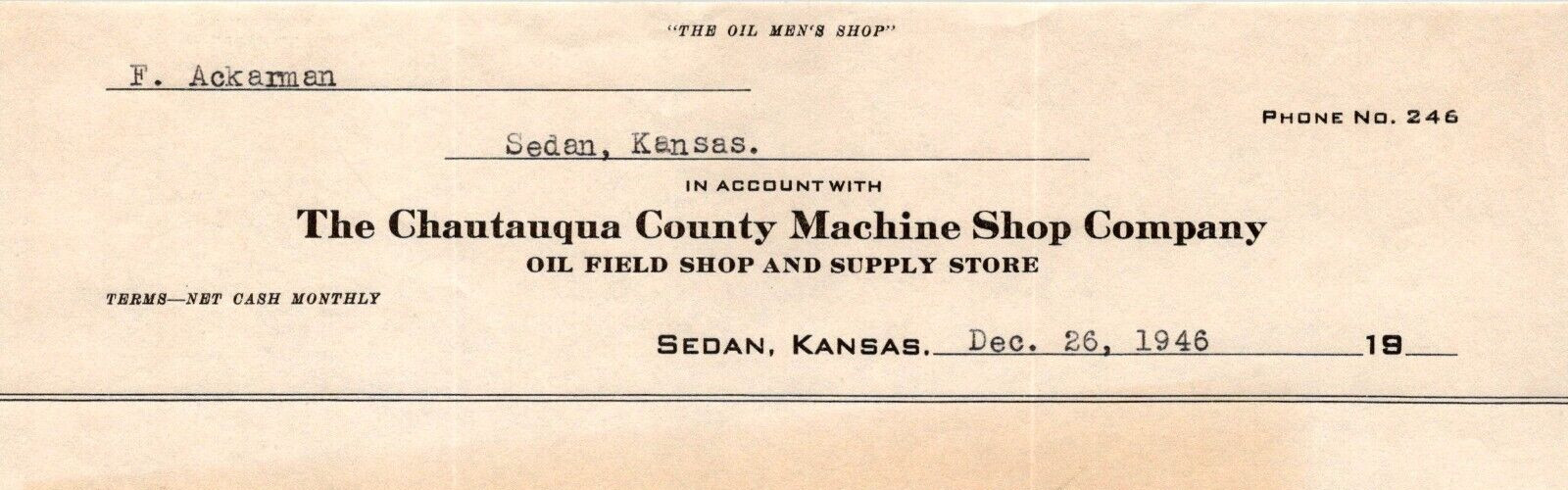 VINTAGE 1946 CHAUTAUQUA COUNTY MACHINE SHOP OIL FEED SHOP SUPPLY SEDAN KS BL60