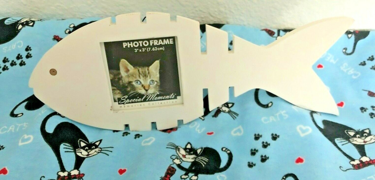 BUY 1-2 SPECIAL MOMENTS White Wood FISH SHAPE Cat 3X3″ PHOTO Pic FRAME EASEL