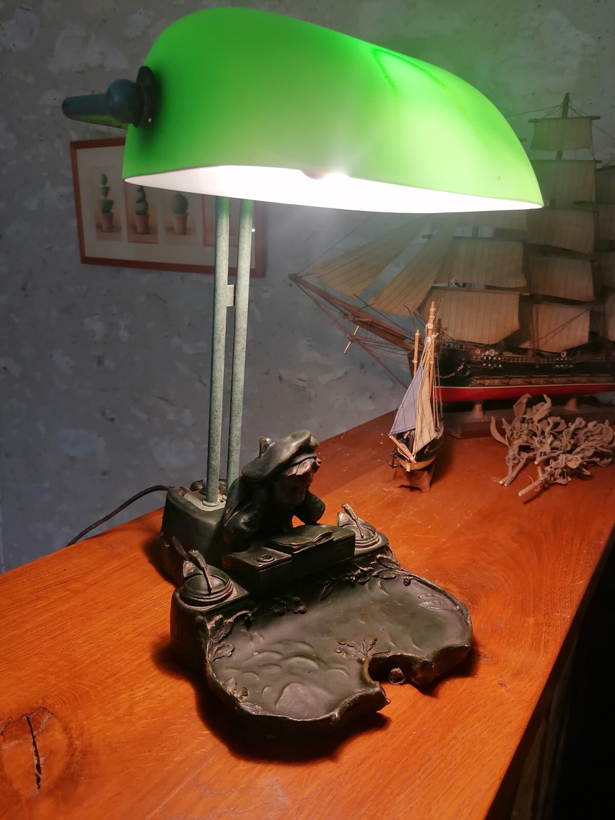 Exceptional Antique French Bankers Lamp 20th Century 2,7kg Schoolboy Rare