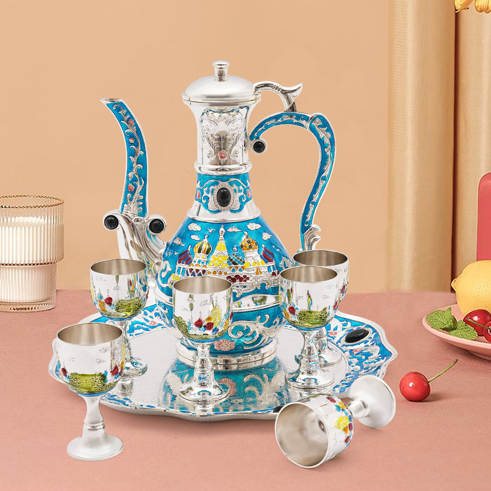 Antique Zinc Alloy Tea Set 800ml Teapot 6 × 50ml Cups Castle Pattern