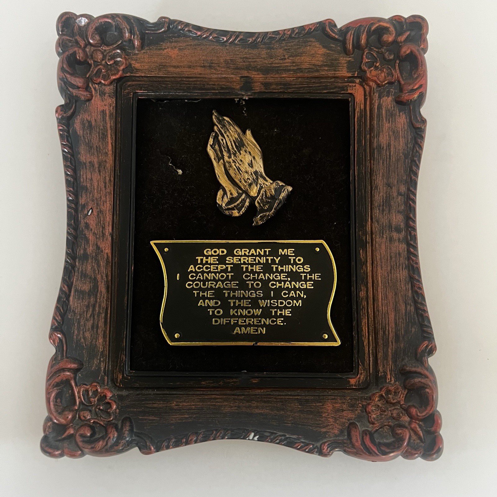 9”x7” Vintage Serenity Prayer Praying Hands Picture Frame Black Velvet Hong Kong