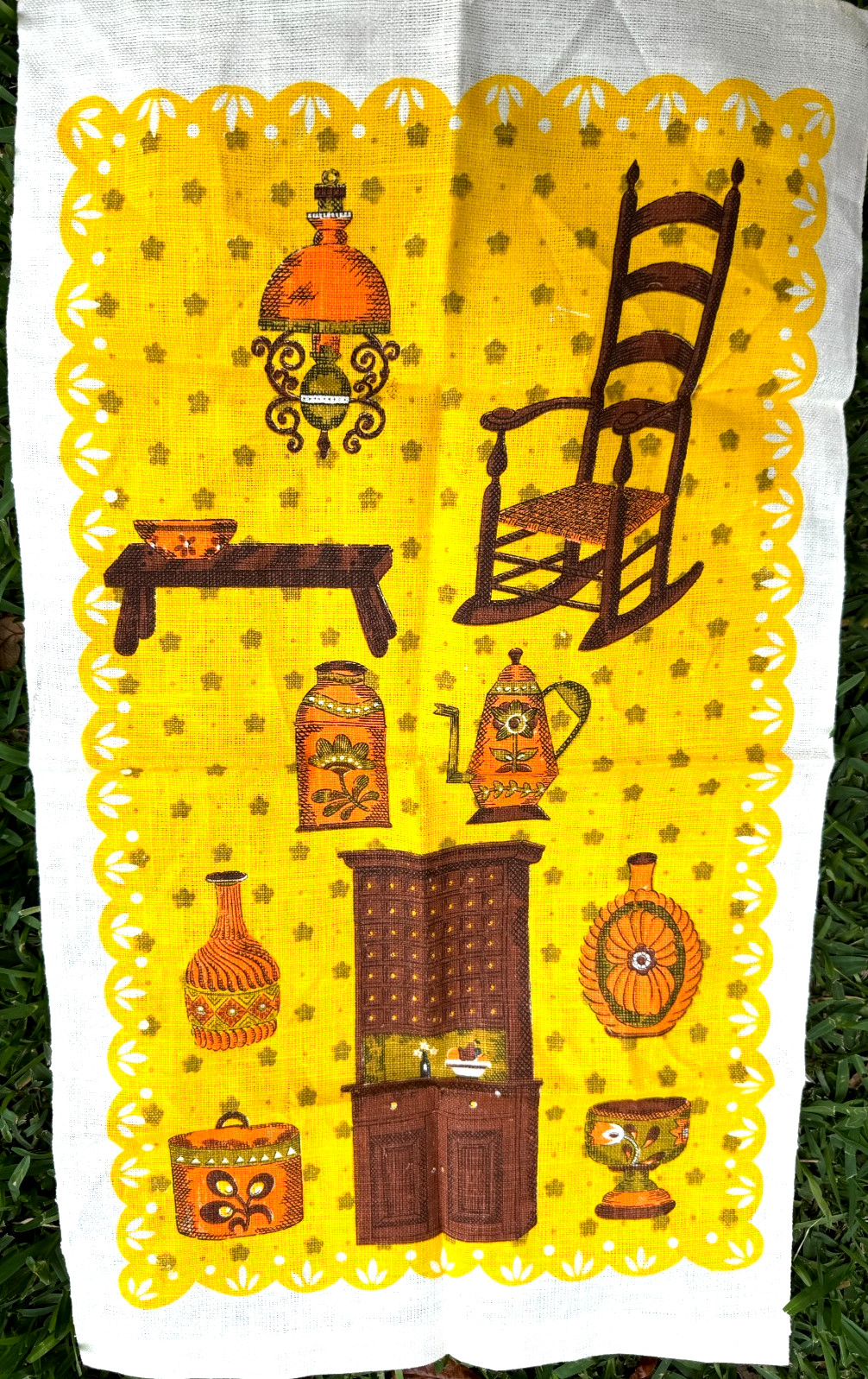 Vintage 70s Linen Tea Towel Colonial American Yellow MCM Made Poland New Crisp!