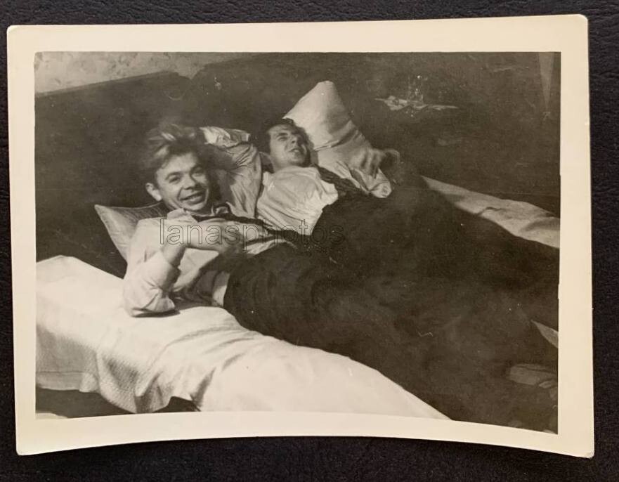Bedroom Handsome men guys lying in bed Loving couple Hugs original photo Gay Int