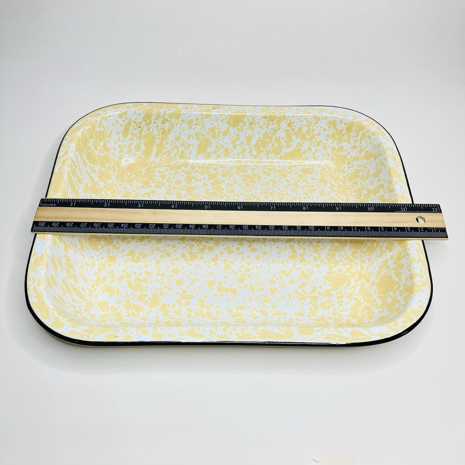 Graniteware Rectangle Serving Utility Tray Yellow Splatter Enamelware 11” x 9”