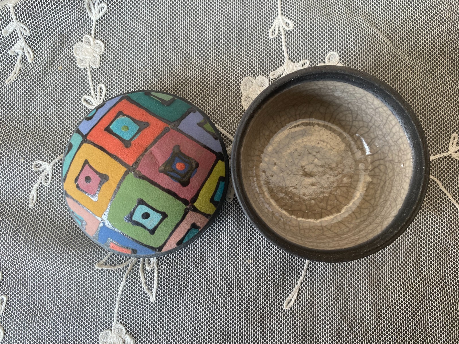 Multicolor Painted Squares Ceramic Pottery Trinket Box w/Lid Signed KW Matte