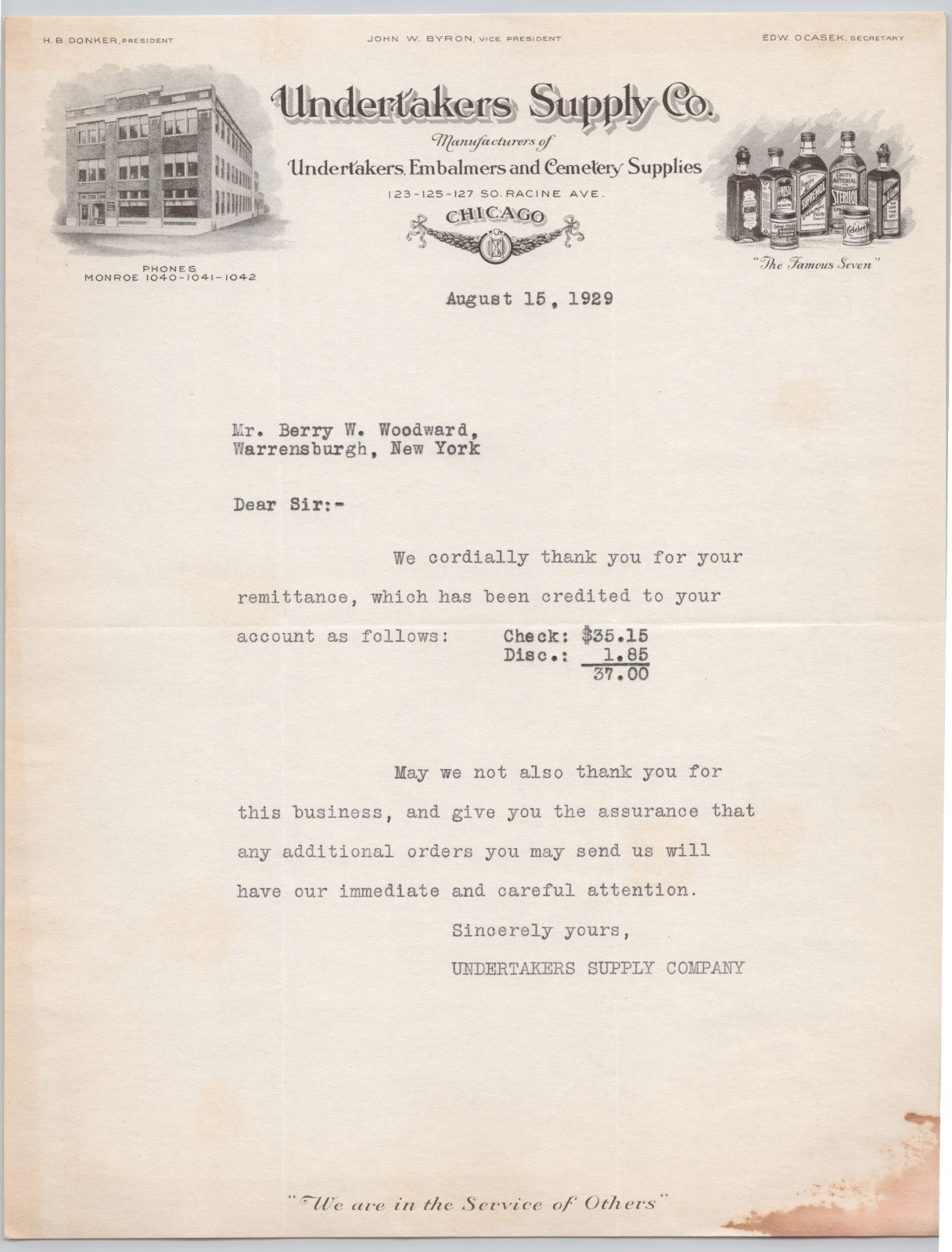 1929 Undertakers Supply Co. Chicago Embalmers Cemetery Funeral Letterhead BH2-54