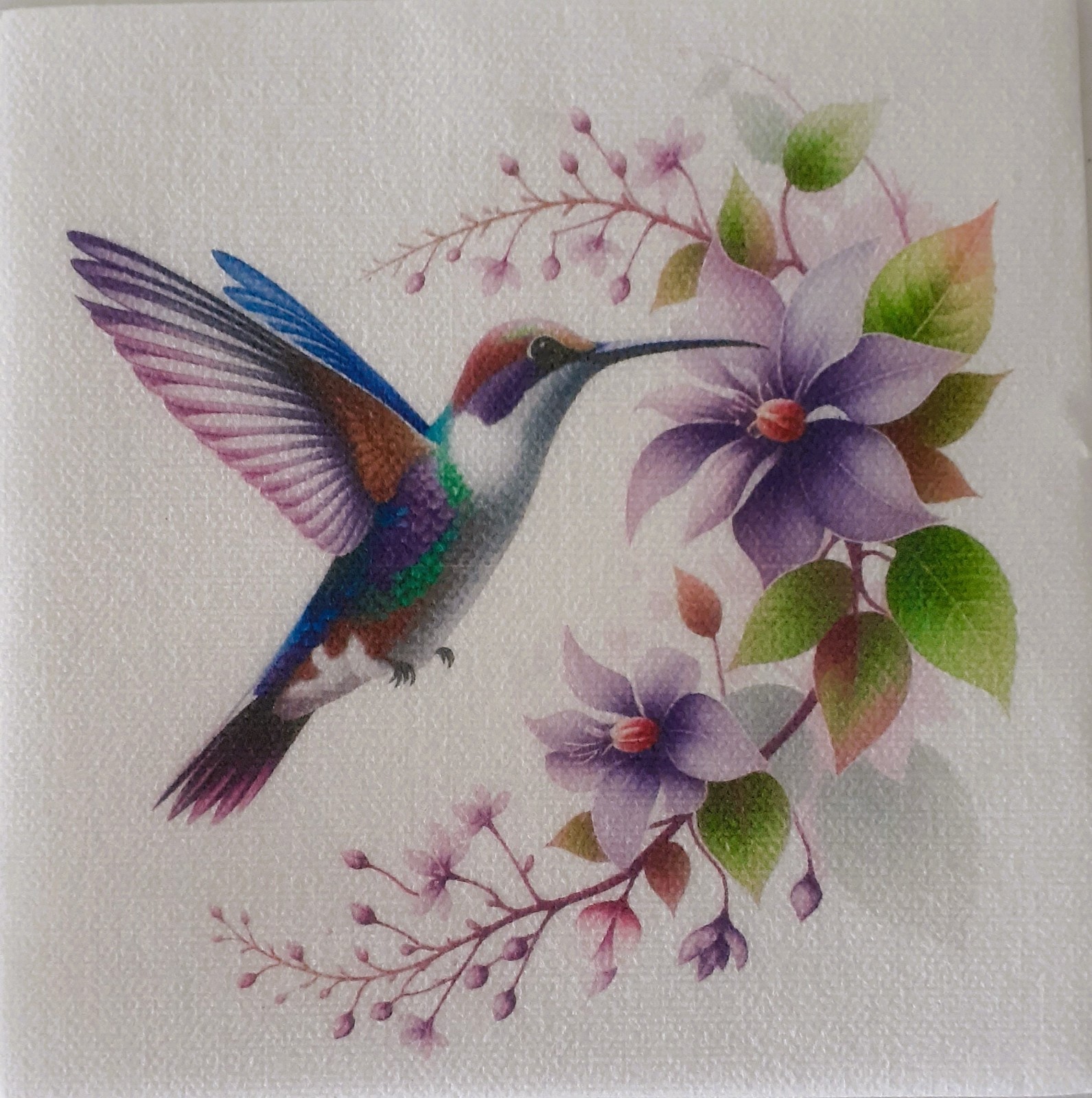 2 individual Paper Decoupage BEVERAGE NAPKINS – HUMMINGBIRD PURPLFLOWERS 1 MOTIF