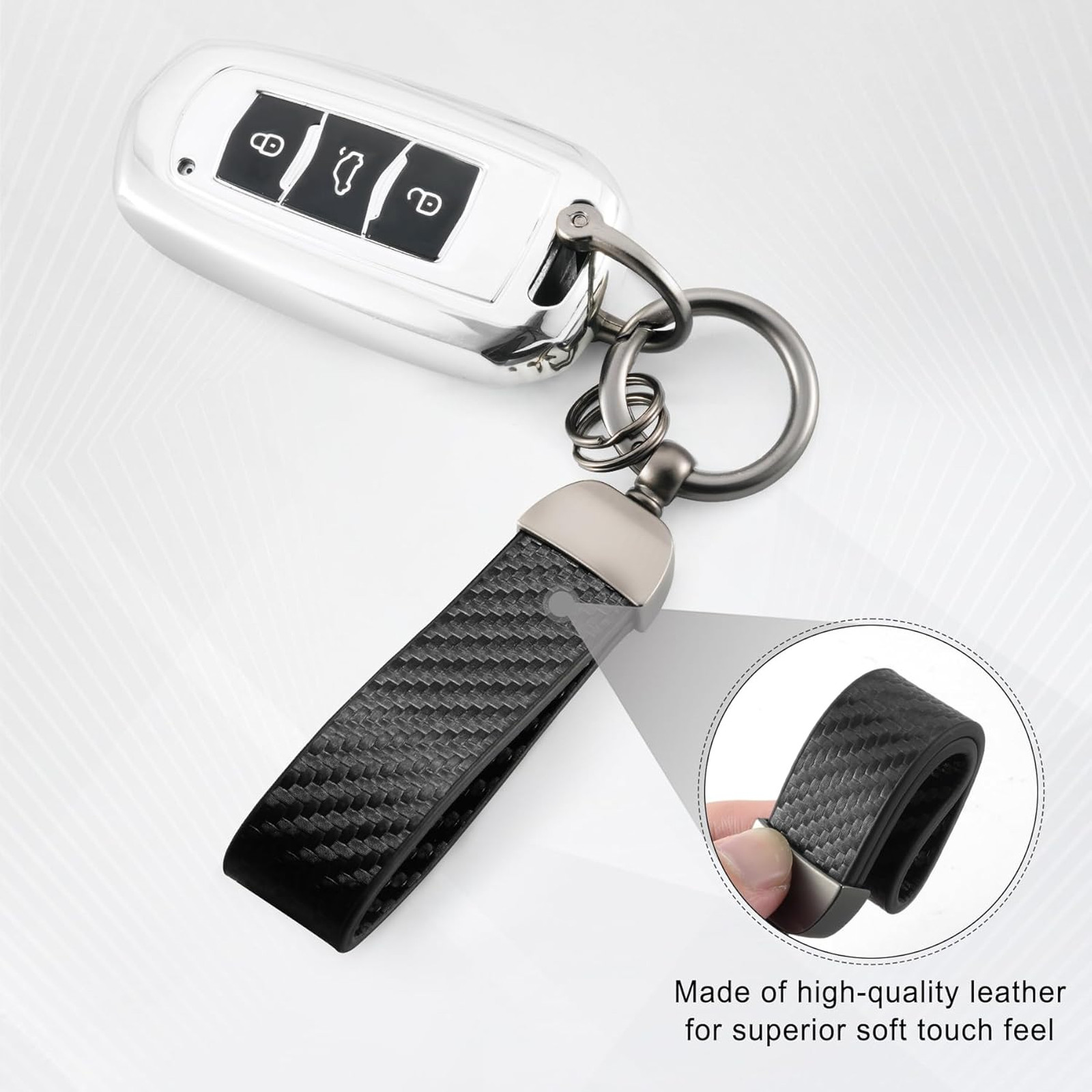 Leather Keychain with Carbon Fiber Style, Anti-Lost D-Ring and Double Key Rings