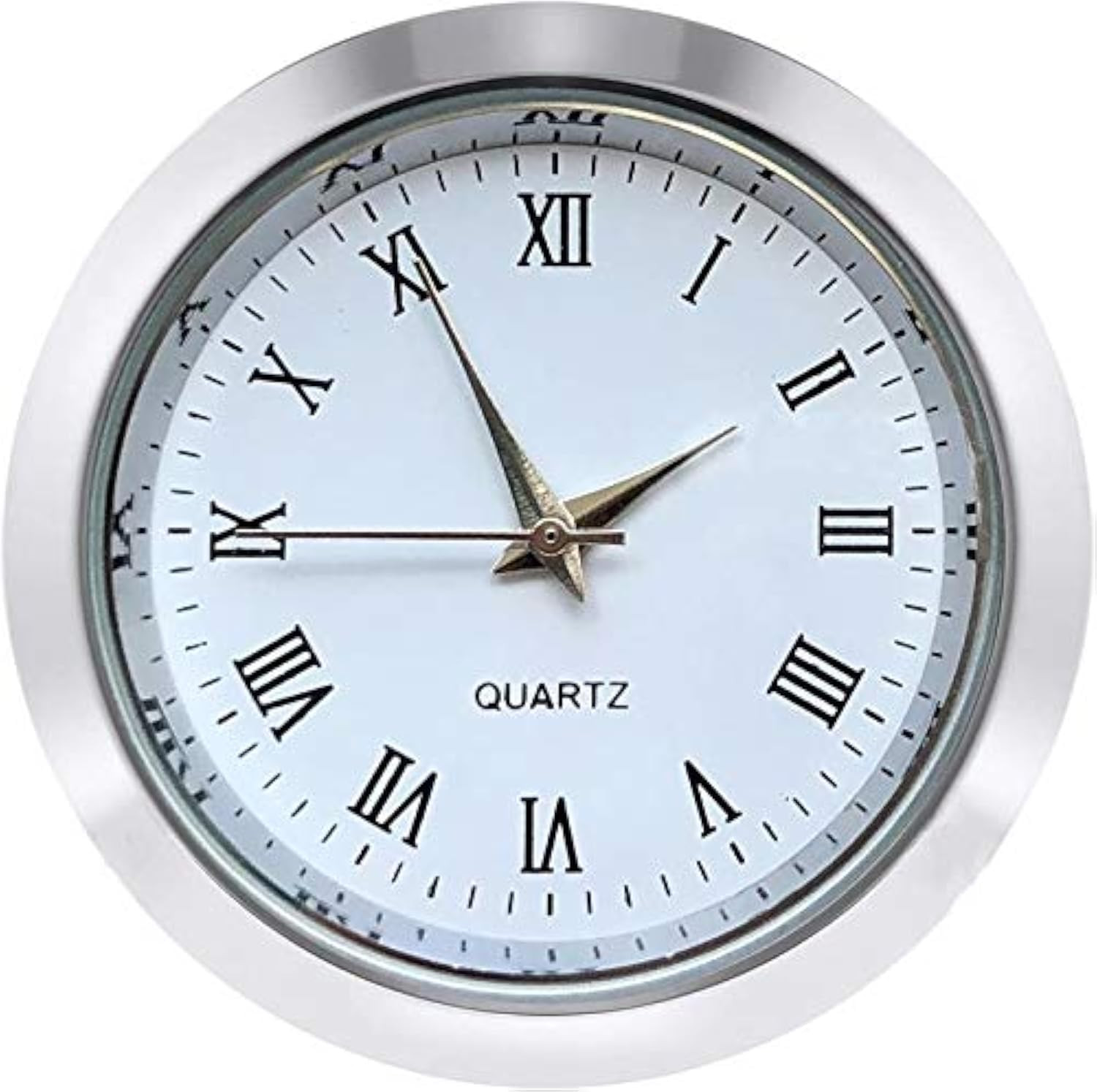 Mini Clock Insert 1.5 Inch round Quartz Movement White Face Silver Bezel Roman N