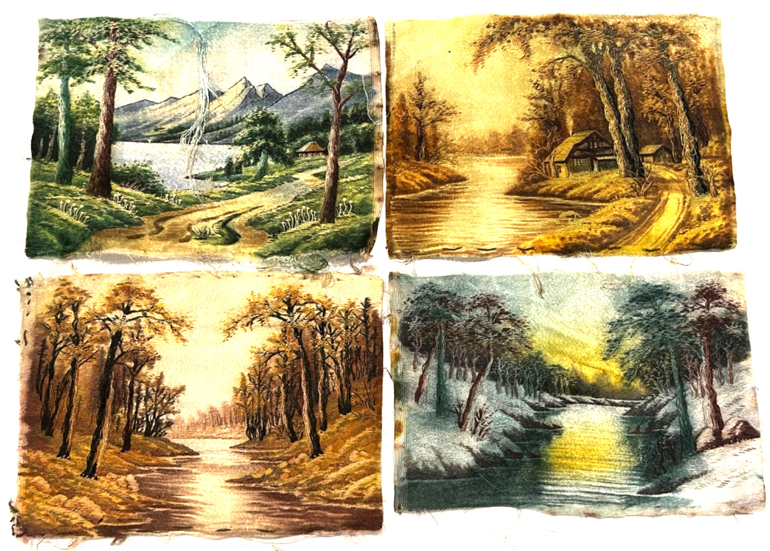 Set of 4 Vintage 1950s Japanese Embroidered Landscape Textile Panels