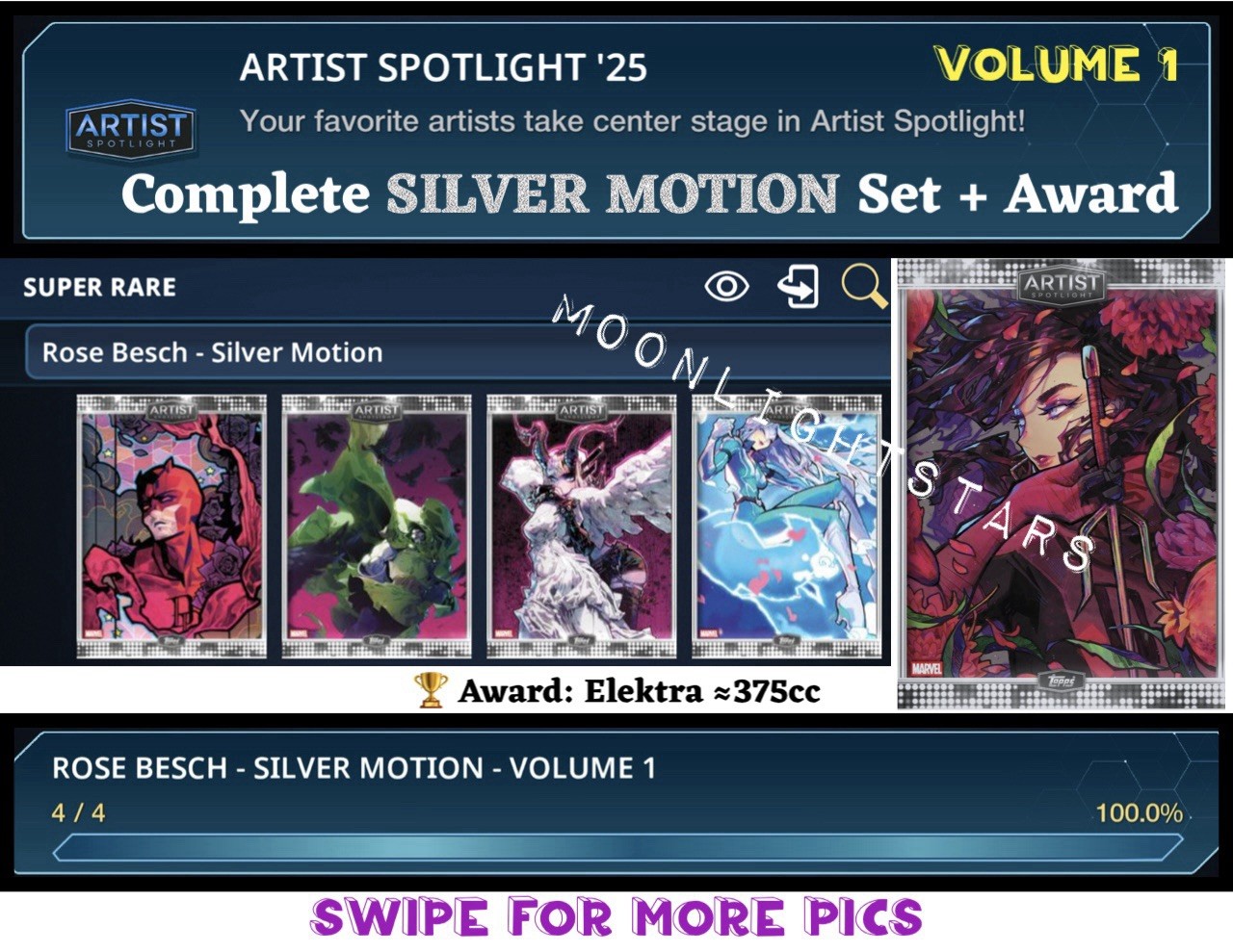 Topps Marvel 25 – ARTIST SPOTLIGHT ROSE BESCH Silver Set + Award ELEKTRA 375cc