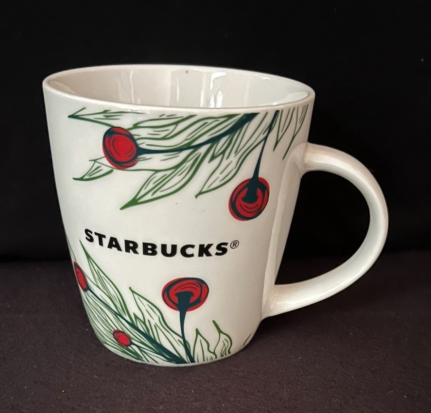 Starbucks 2020 Christmas White Mug Green Leaves Red Berries Coffee & Tea, 12 oz