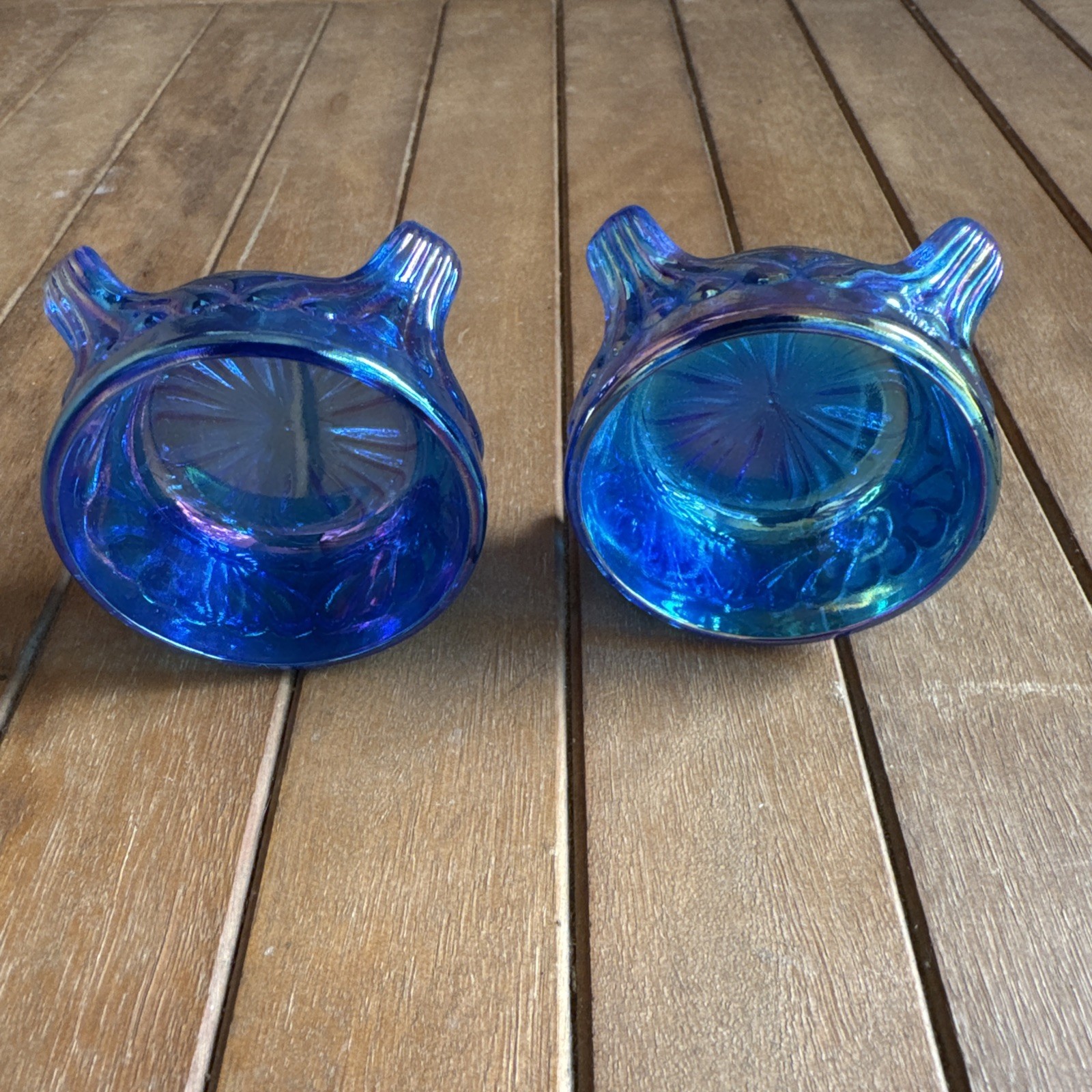 2 CAPRICE ROUND FOOTED Salt Dips Blue CARNIVAL GLASS Summit Art Cambridge