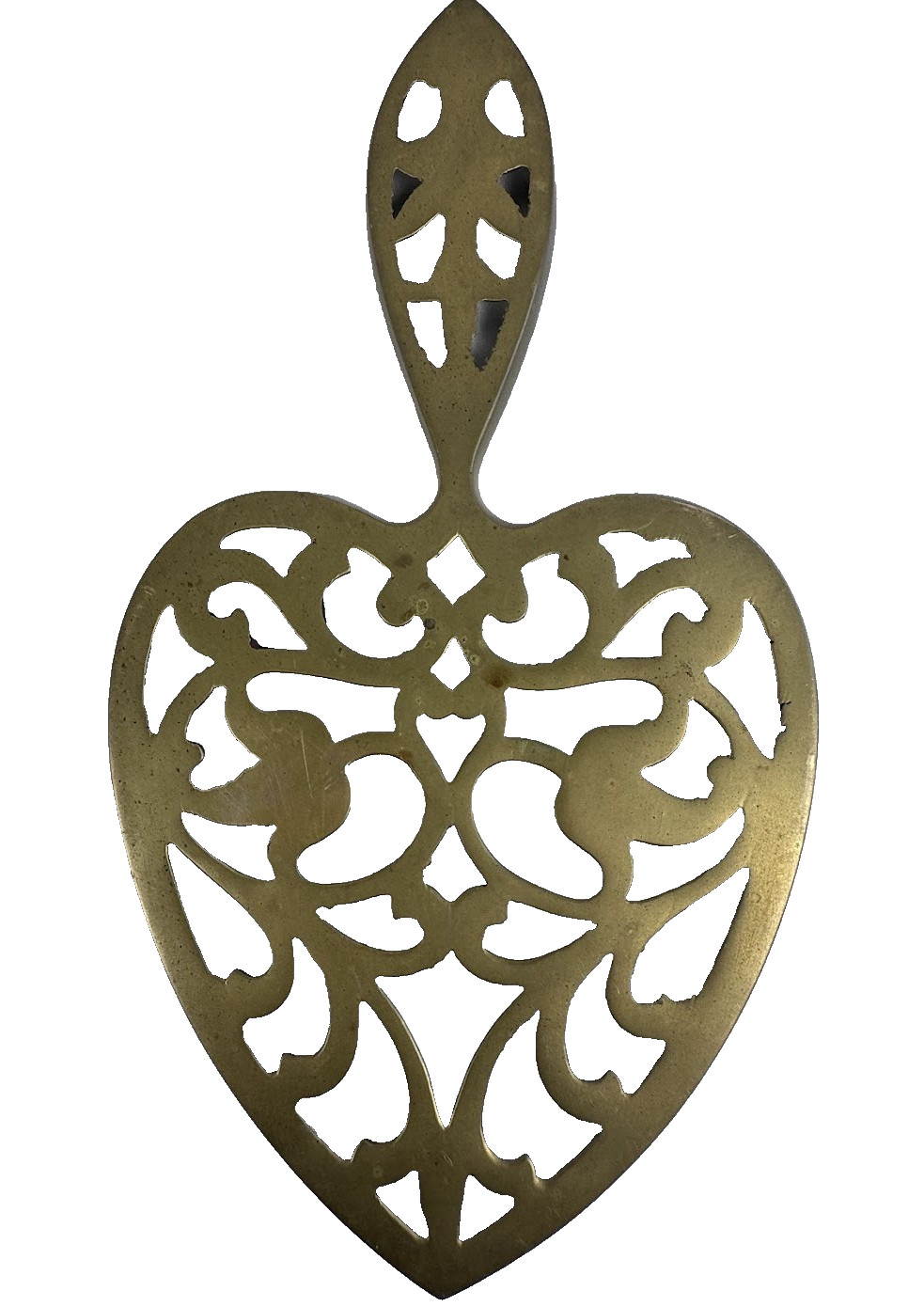 Vintage Solid Brass Heart Shaped Trivet Handle Ornate Openwork Filigree India 10