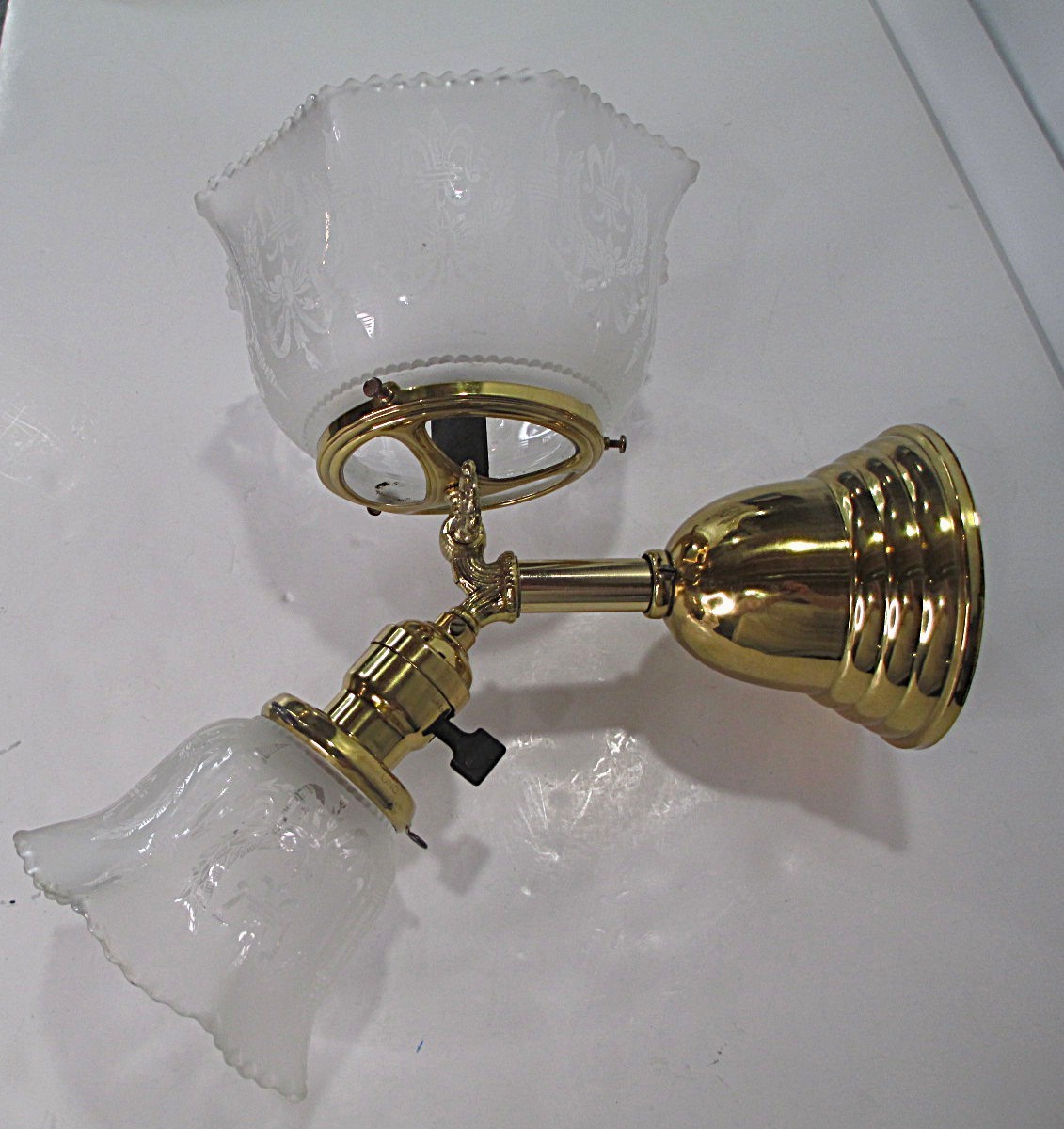 Antique Original Gas & Electric Wall Sconce with Etched Period Shades -Restored