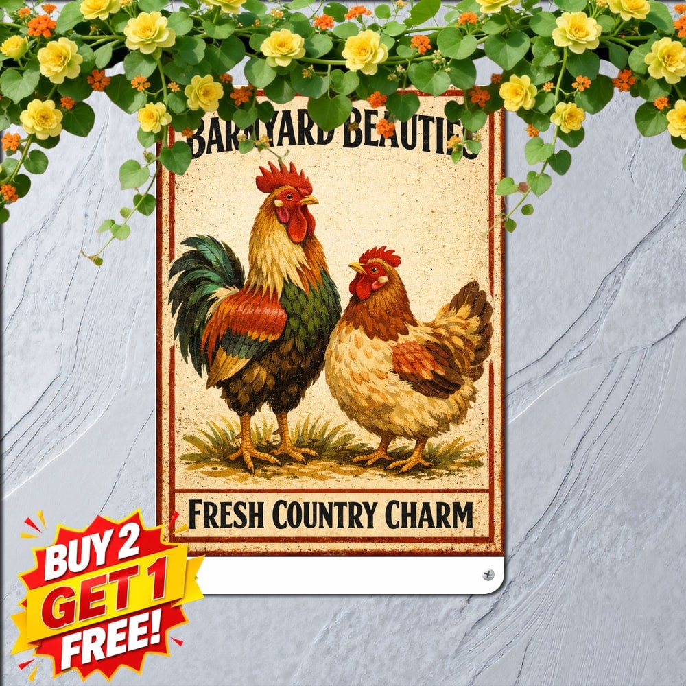 Vintage Farmhouse Rooster and Hen Poster Rustic Chicken Illustration Tin Sign