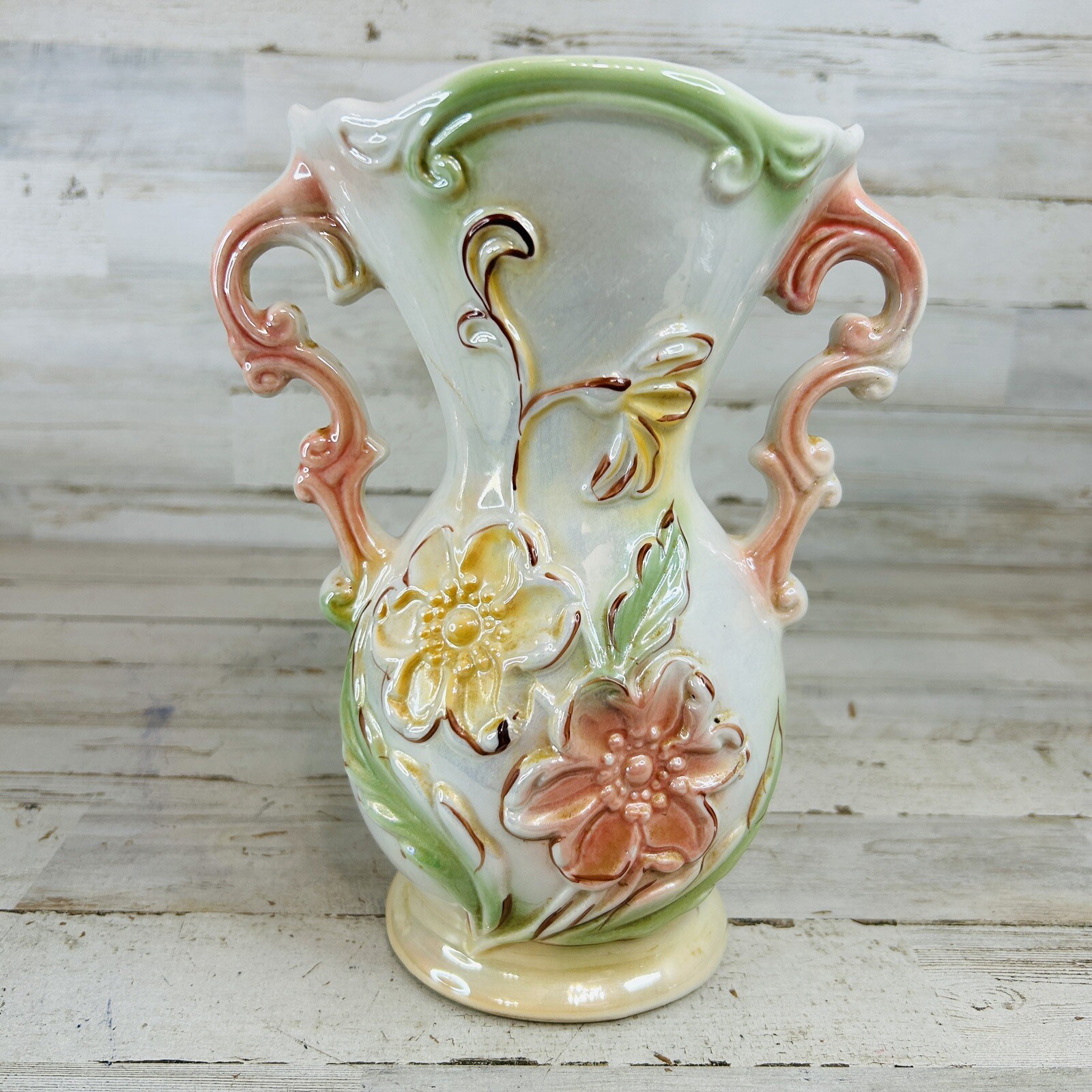 Vintage 8” Lusterware Double Handled Vase Pink Green Relief Made In Brazil #1925