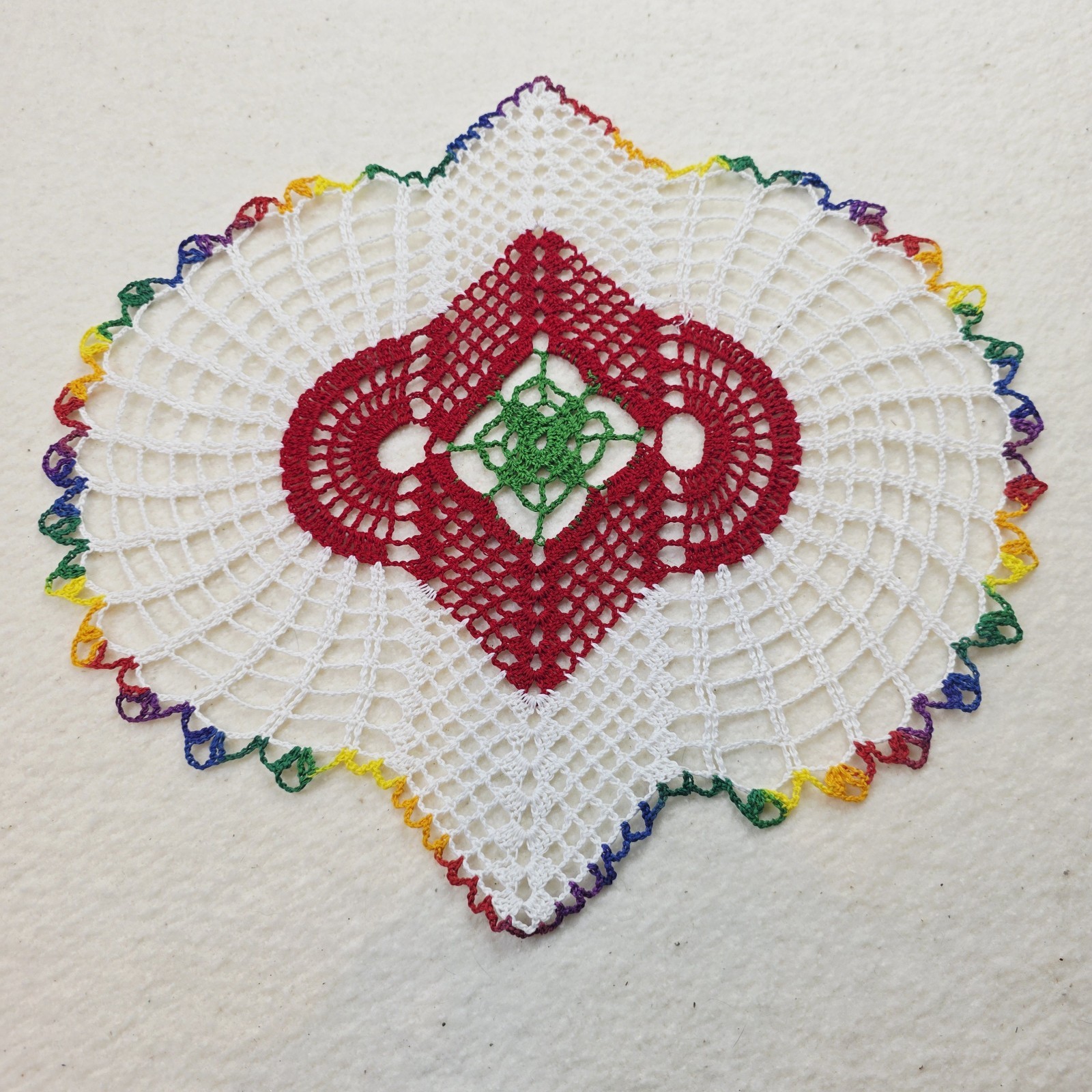 Handmade Crocheted Doily White Red Green 13″ x 14″ Dainty Rainbow Asymmetrical
