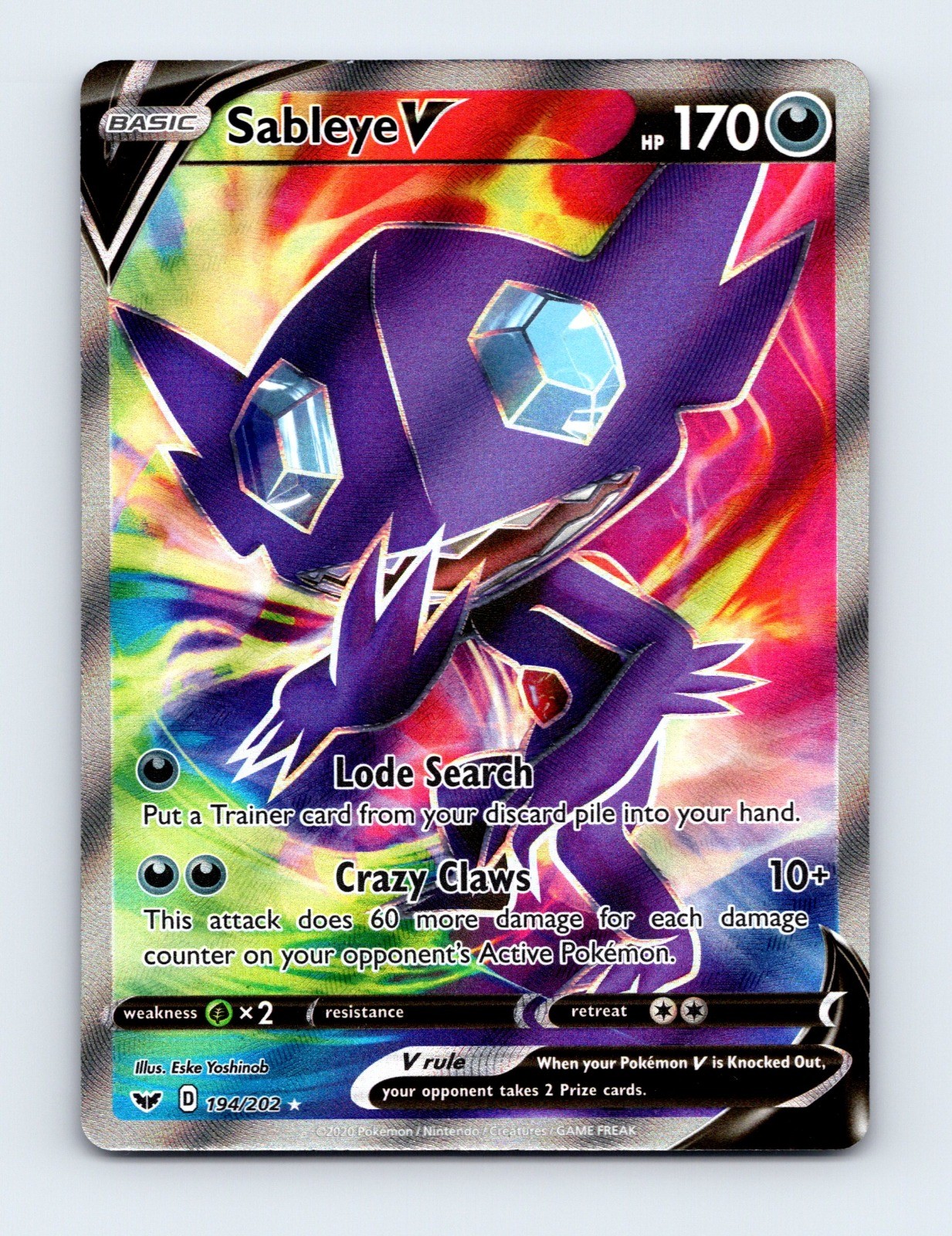 NM Sableye V 194/202 Sword & Shield Base Set Ultra Rare Pokemon Card