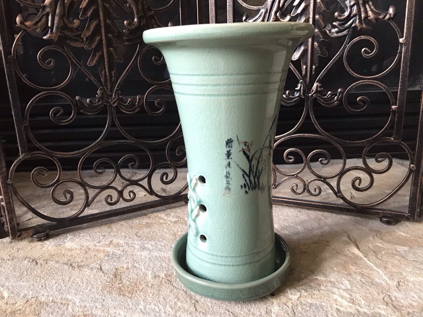 Vintage Ceramic Celadon Green Orchid Planter W/ Drip Plate Aeration Rare Korean