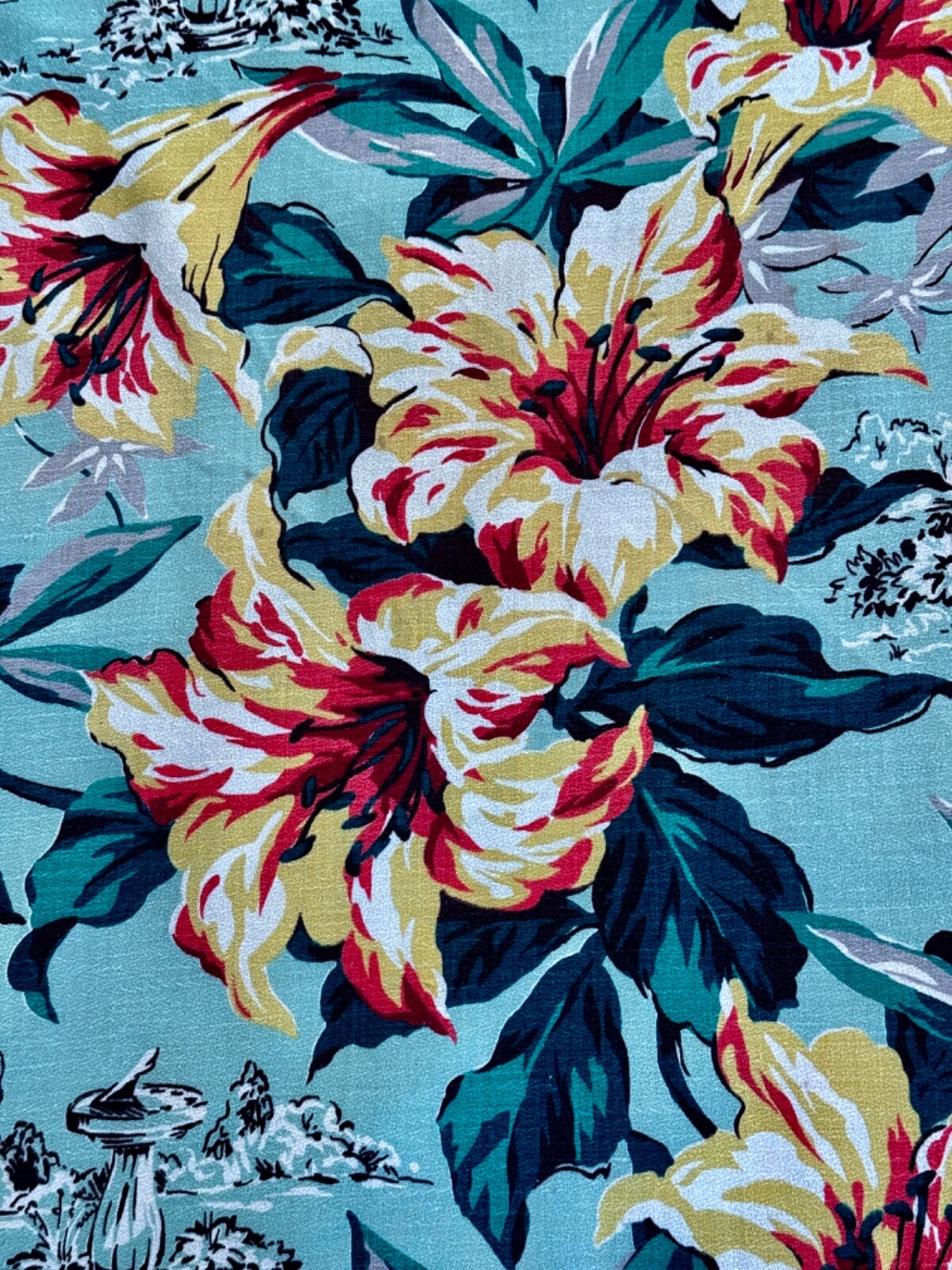 1940’s Miami Beach Park Mid Century Orange Daylilies Barkcloth Vintage Fabric