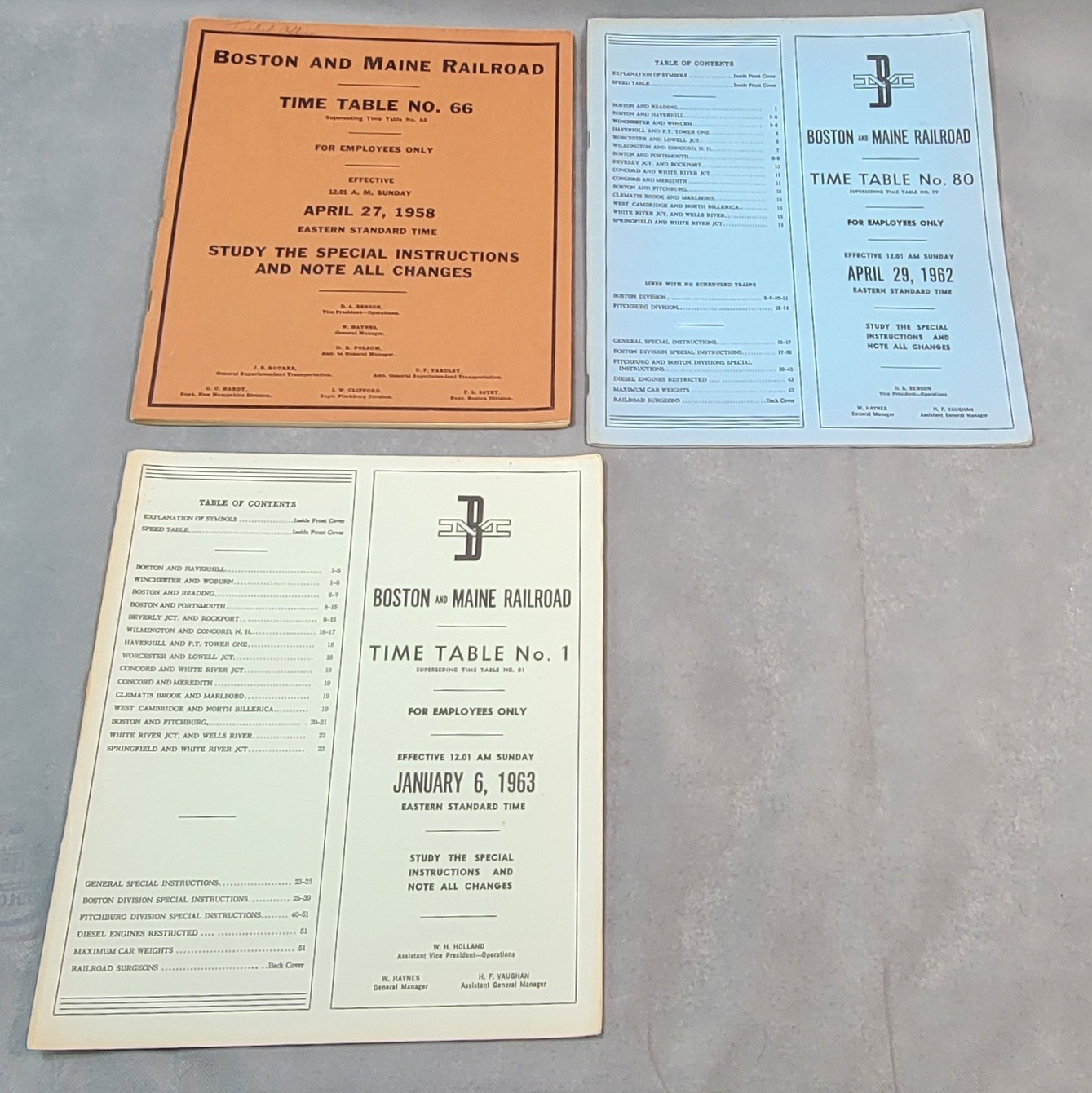 1950’s 1960’s BOSTON & MAINE RAILROAD Assorted EMPLOYEE TIME TABLES Lot of 3