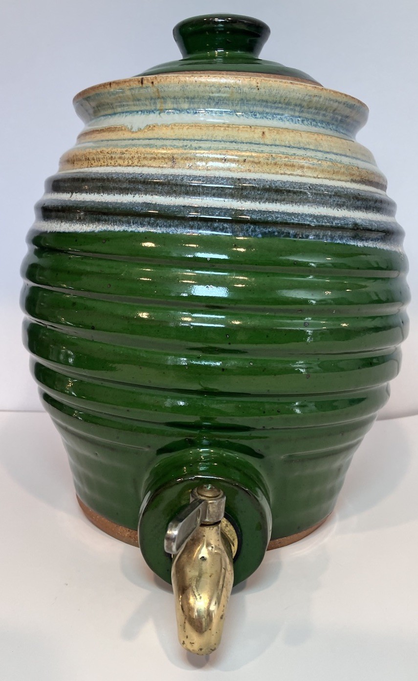 Vintage Ceramic Beehive Beverage Dispenser Green Striped Pottery Spigot Lid