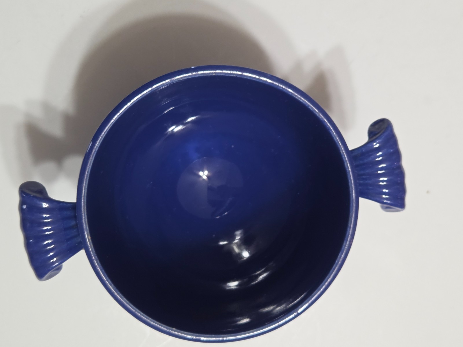 Fiesta Ware Blue Ceramic Glazed Ribbed Sugar Bowl No Lid Vintage Handles Round