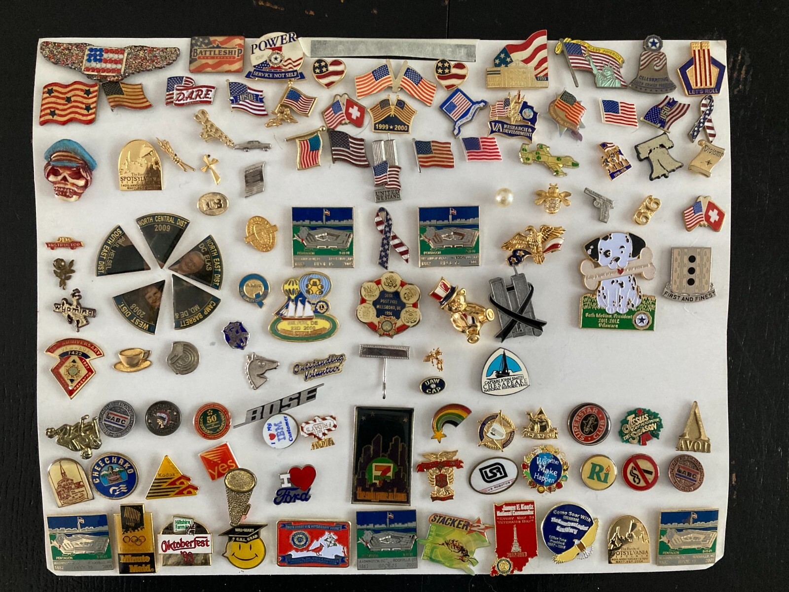 Lot Pin Backs-over 100 pcs.-Corporate, Patriotic,Clubs & Fun Pins