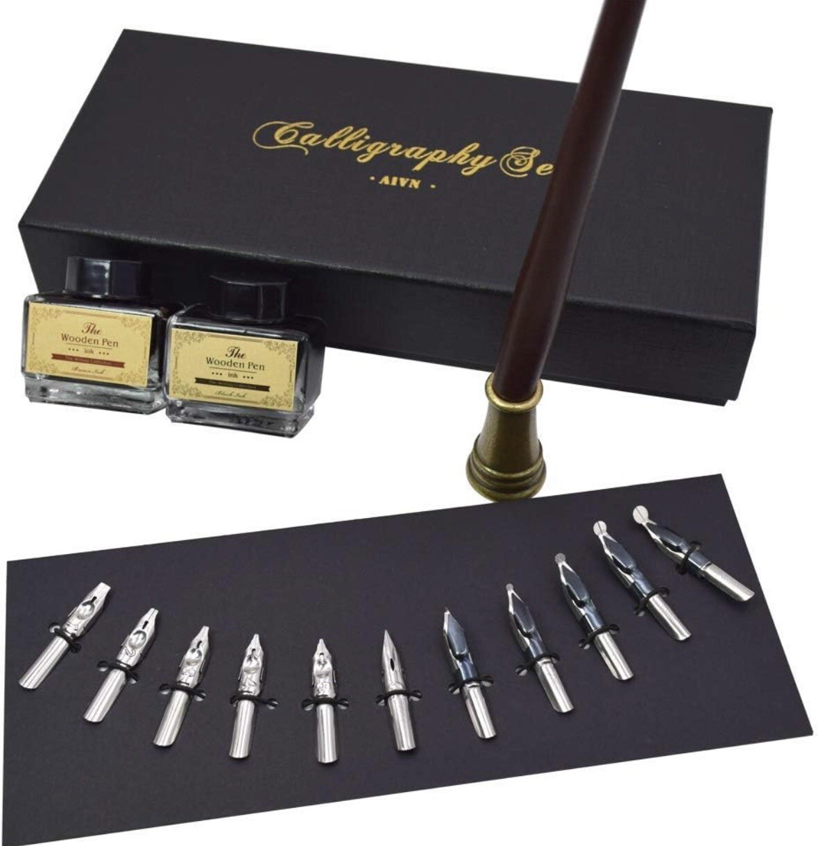 Calligraphy Set 17 Pieces. Includes Calligraphy Pens, 2 Bottle Inks, 12 Nibs