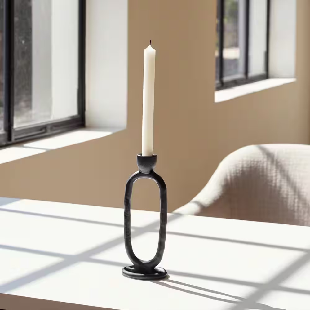 8 In. Black Metal Open Oval Ring Taper Candle Holder Free Ship NEW