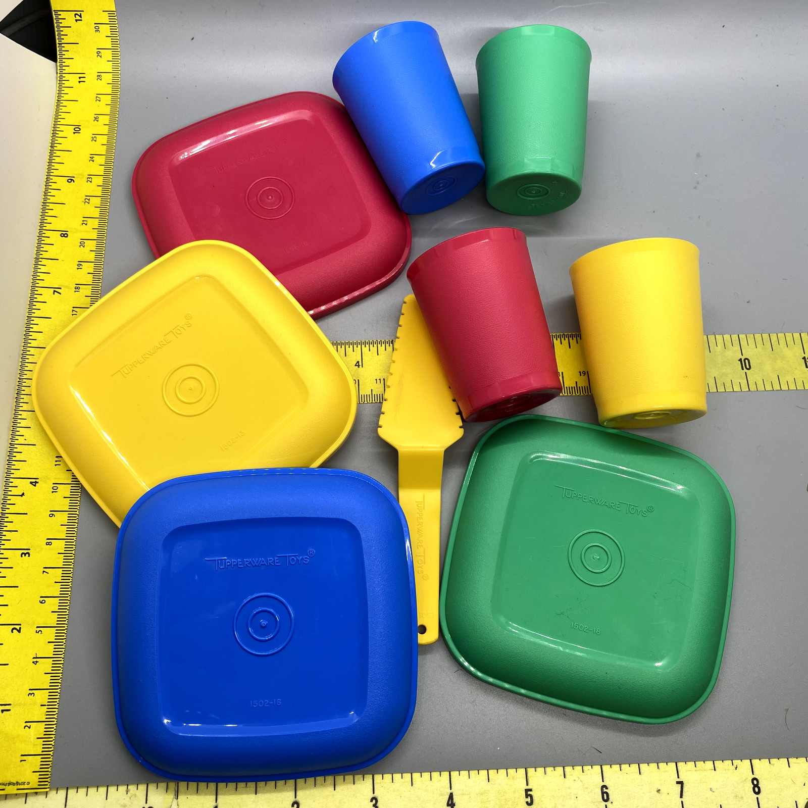 Tupperware Toys Vintage Style Set Cake Red Green Yellow Blue Party Plates Cups