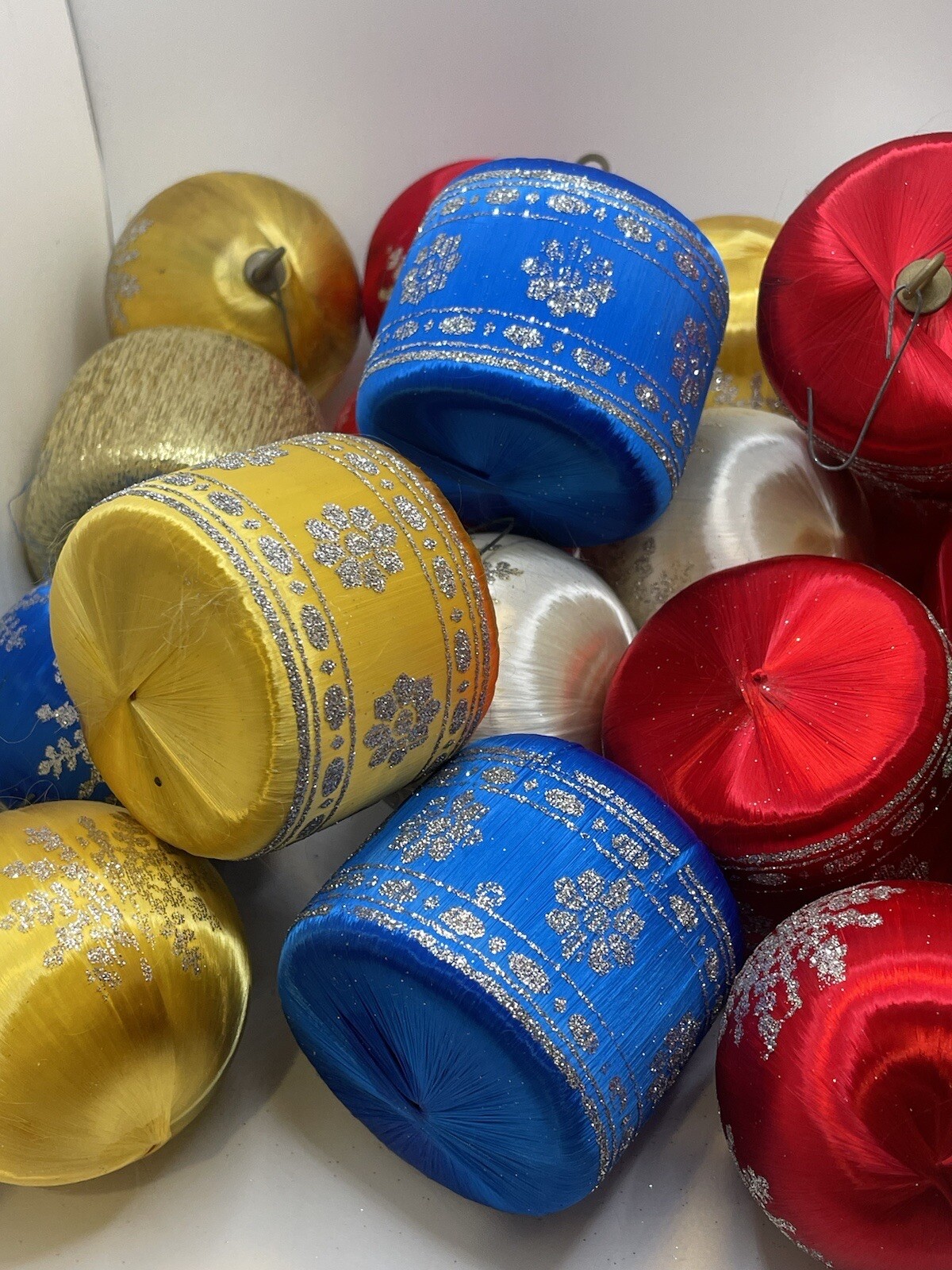 Vintage Christmas Ornaments 23 Gold Red Blue Green Silk Spun Glitter Satin 70s