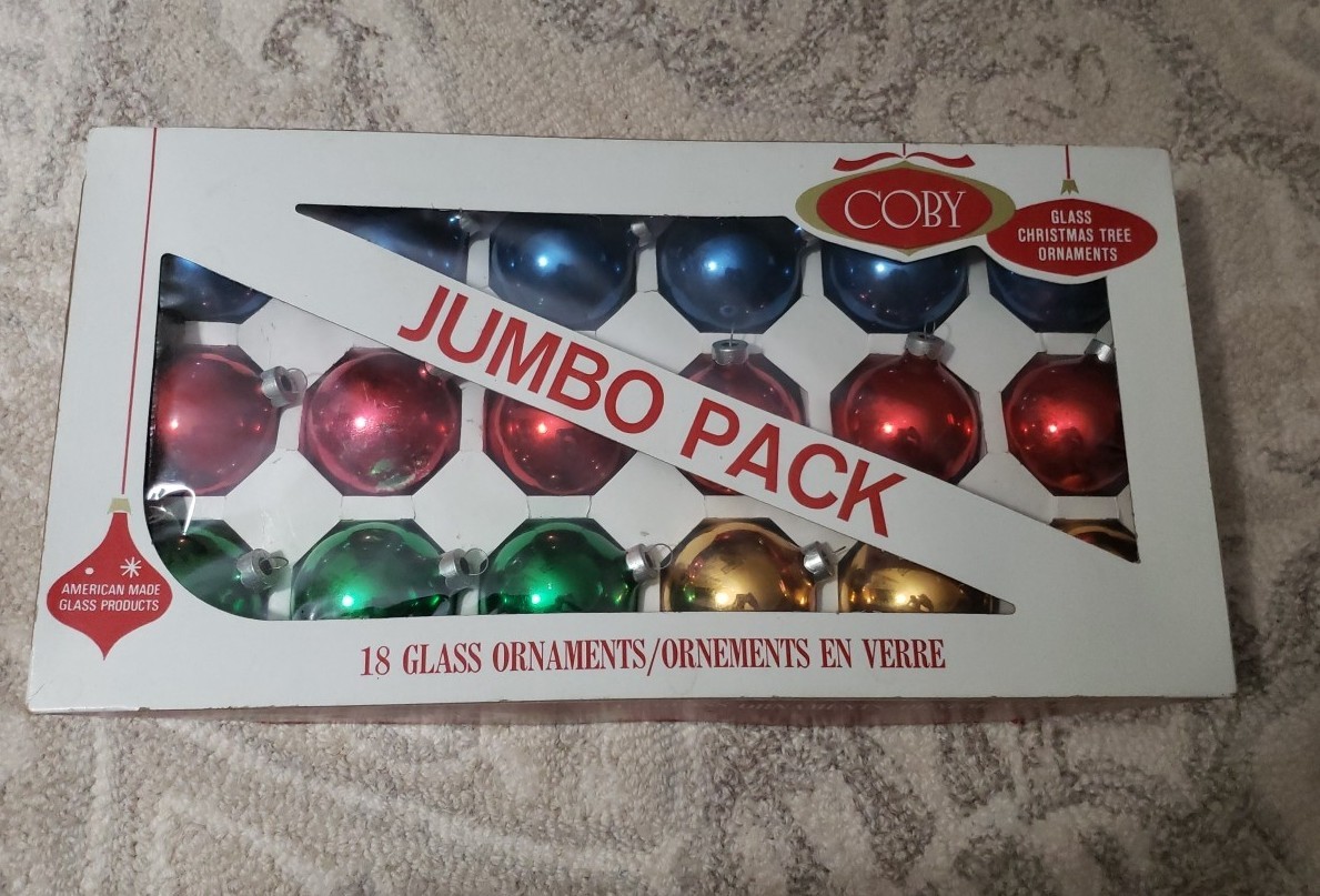 Vintage 1970s Coby Jumbo Pack Glass Red Green Yellow & Blue Ball Ornament Box 18