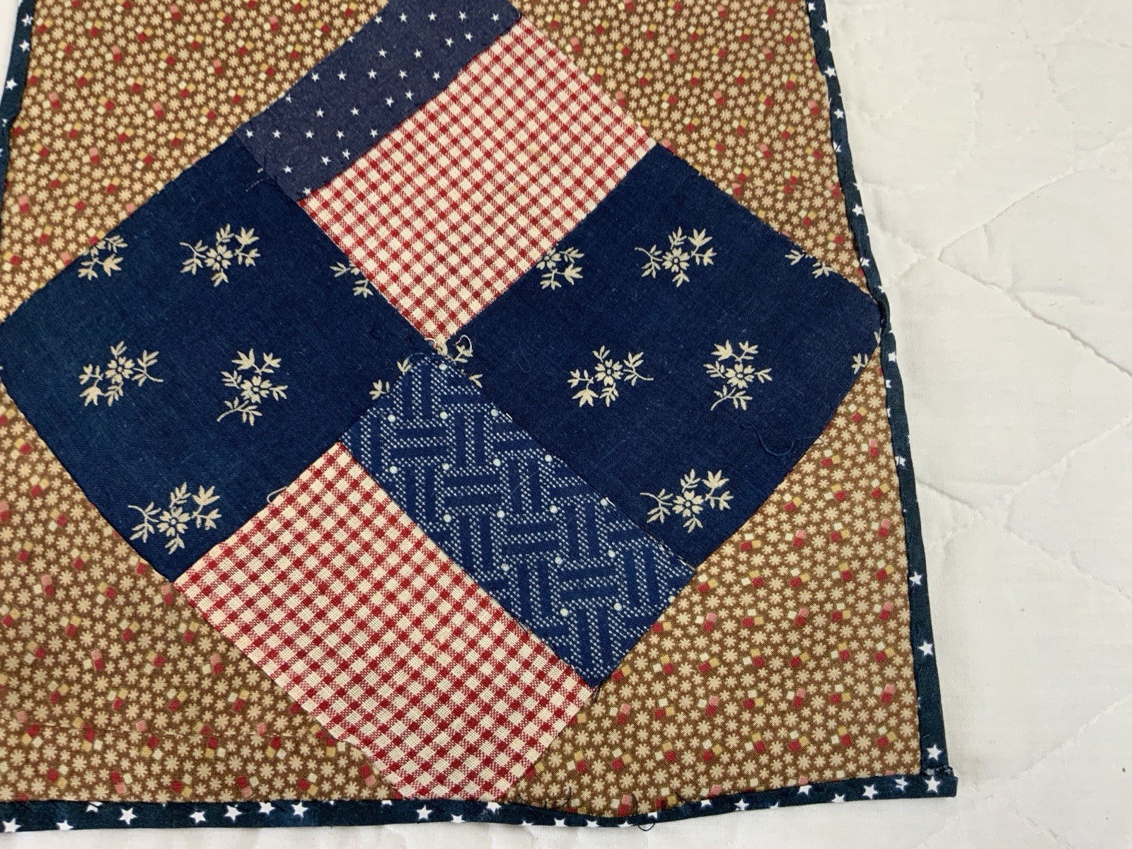 Antique Patchwork Quilt Table Topper, Four Patch, Early Calicos, Brown, Navy