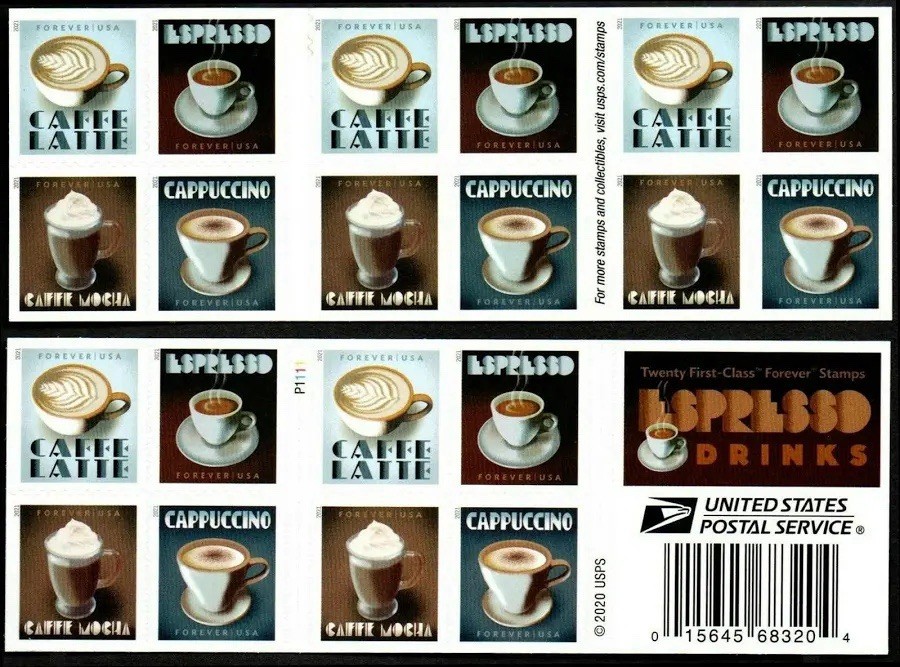 USPS BOOKLET OF 20 FIRST CLASS LETTER STAMPS Espresso Drinks