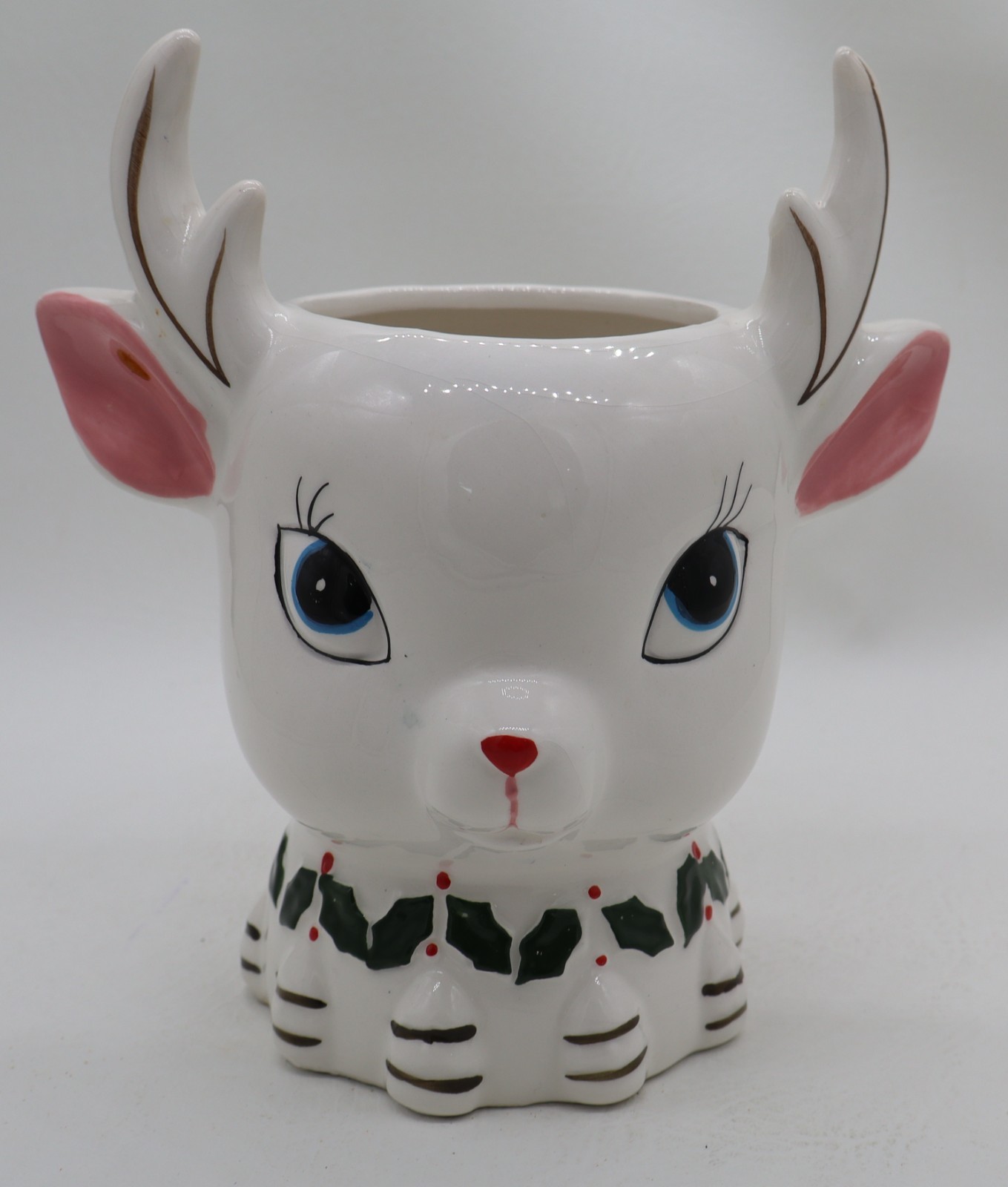Large Vintag Napco Christmas Rudolph Reindeer Head Vase Planter 7.5″ x 5″
